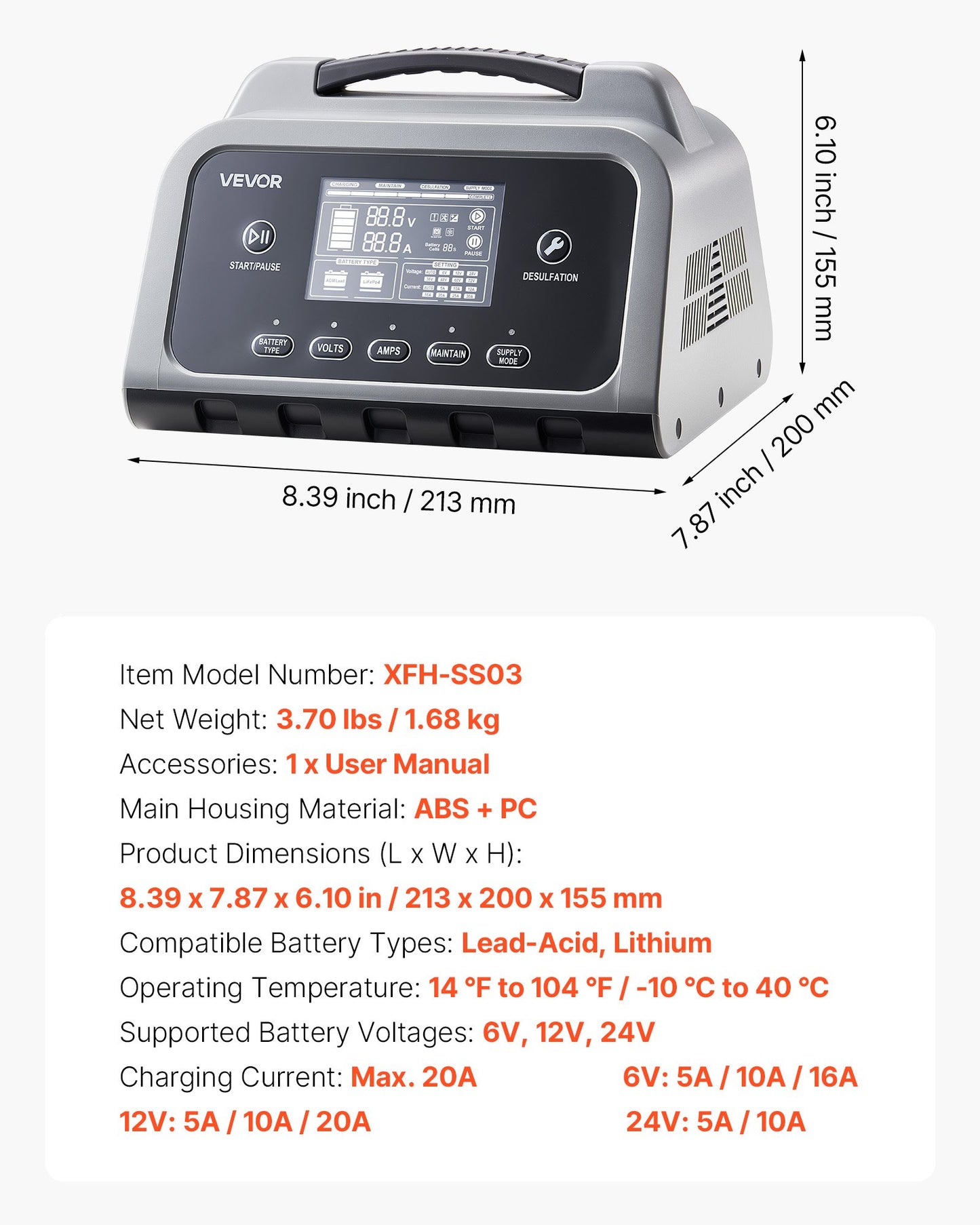 20A 6V-24V Lithium and Lead-Acid Car Battery Charger with LCD Display