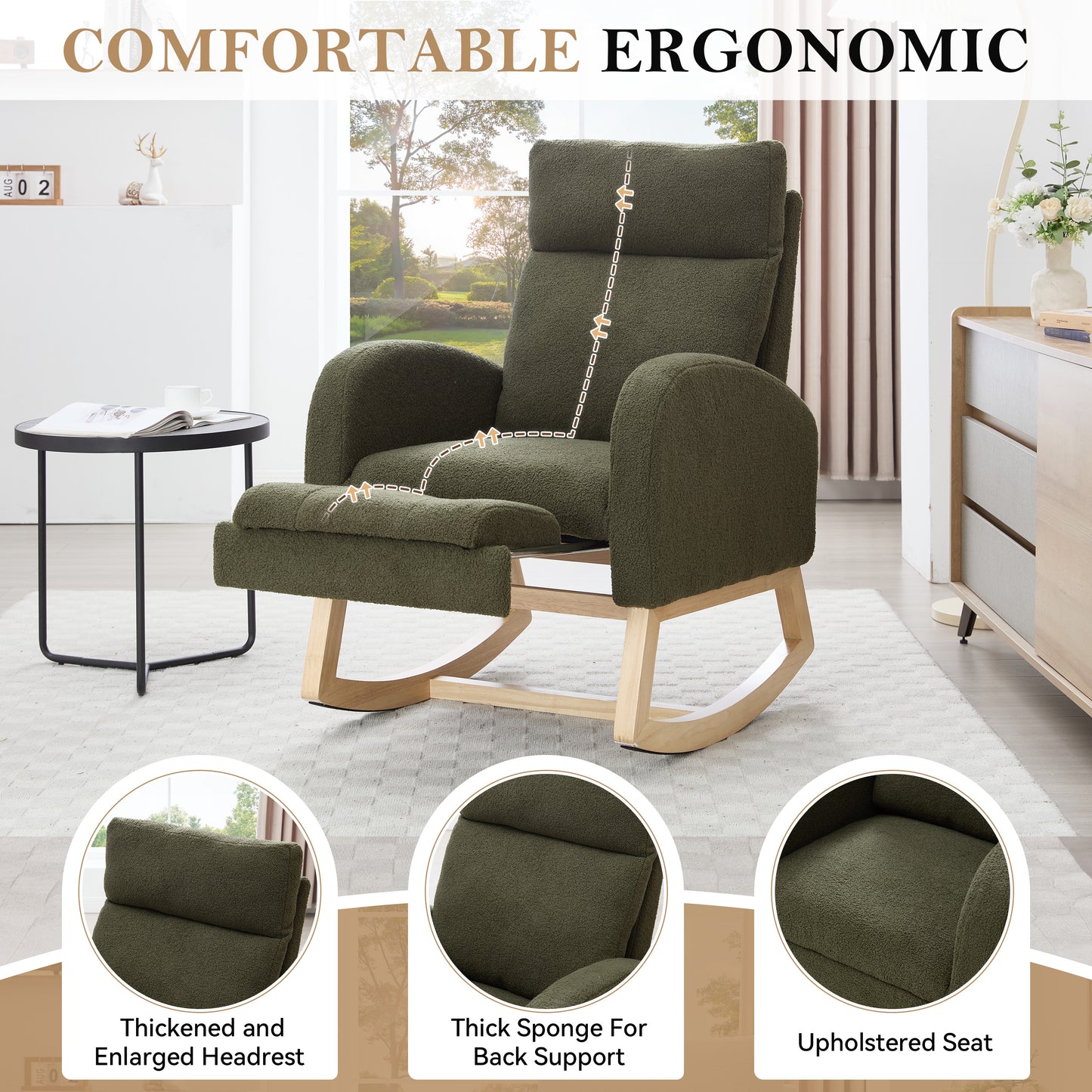 Teddy Fabric Rocking Chair with Adjustable Footstool - Green