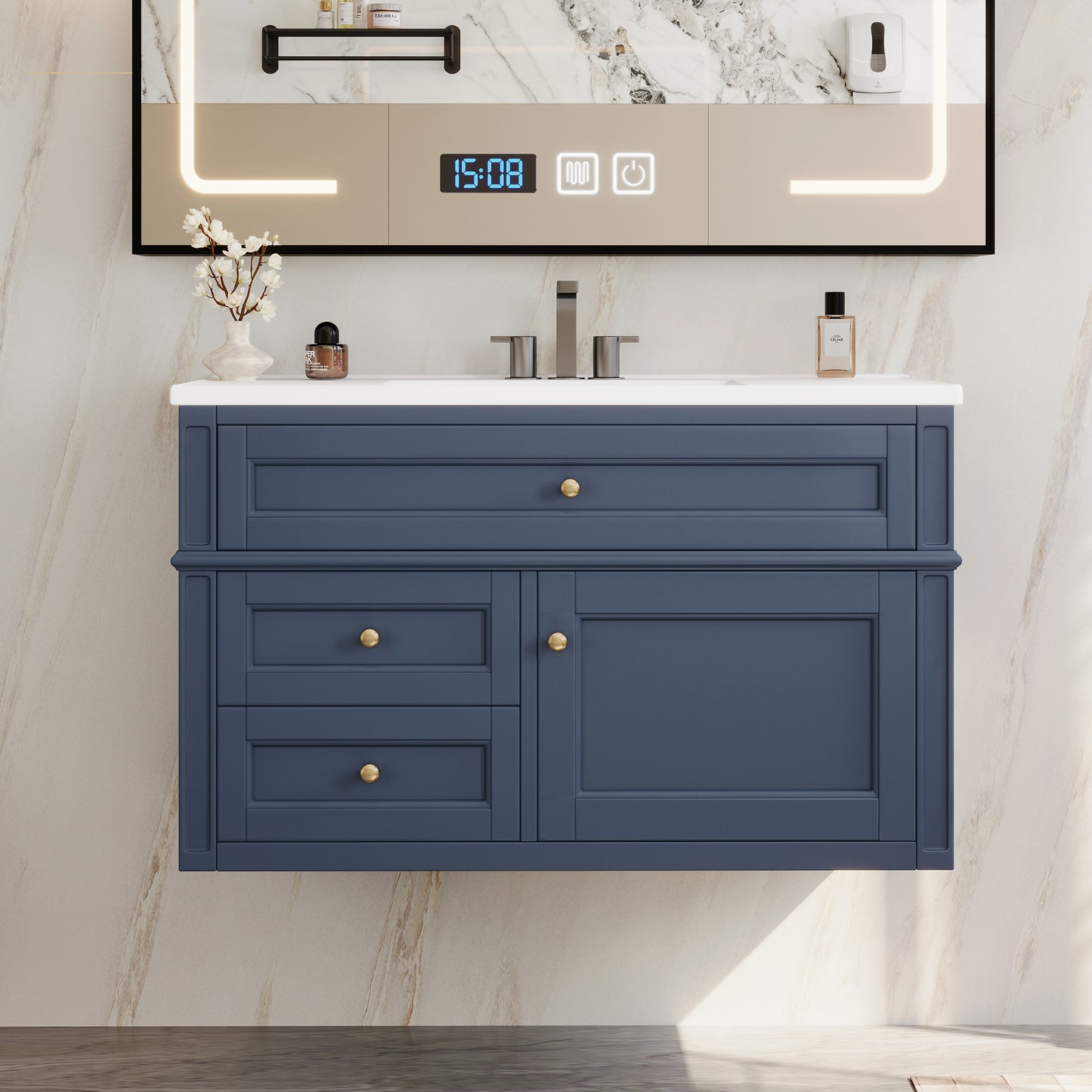 36-Inch Wall Mounted Bathroom Vanity with Ceramic Sink - Blue