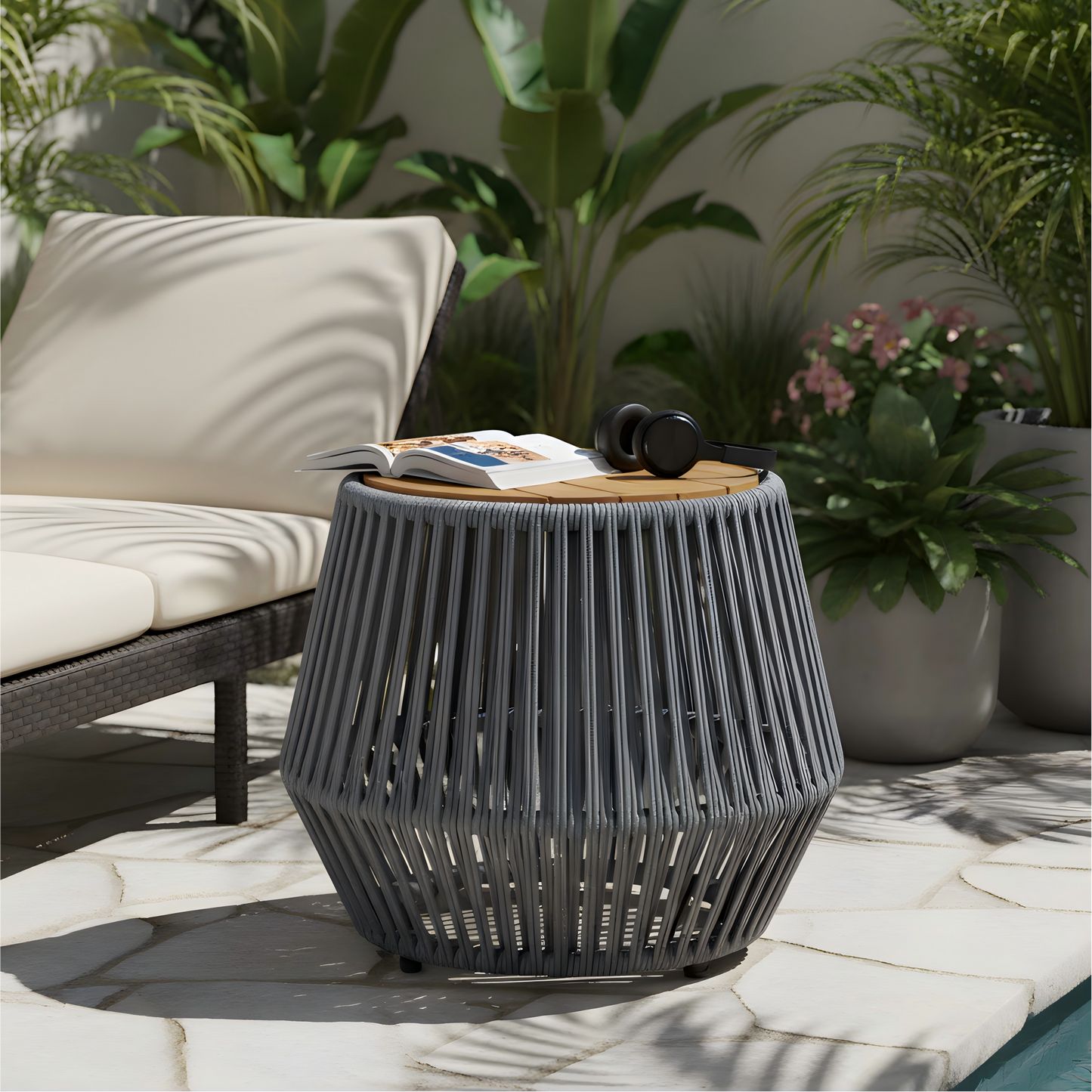 Acacia Wood Side Table With Grey Rope Base - Natural Teak Finish,