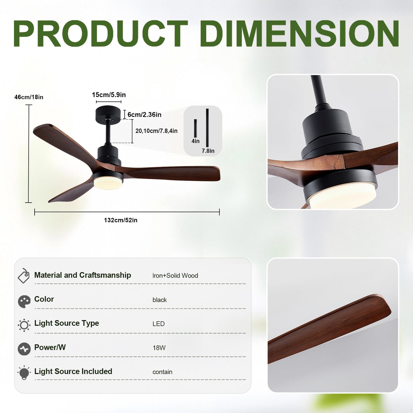 52-Inch Wooden Ceiling Fan with Light and Remote Control - Indoor Outdoor Modern Fan