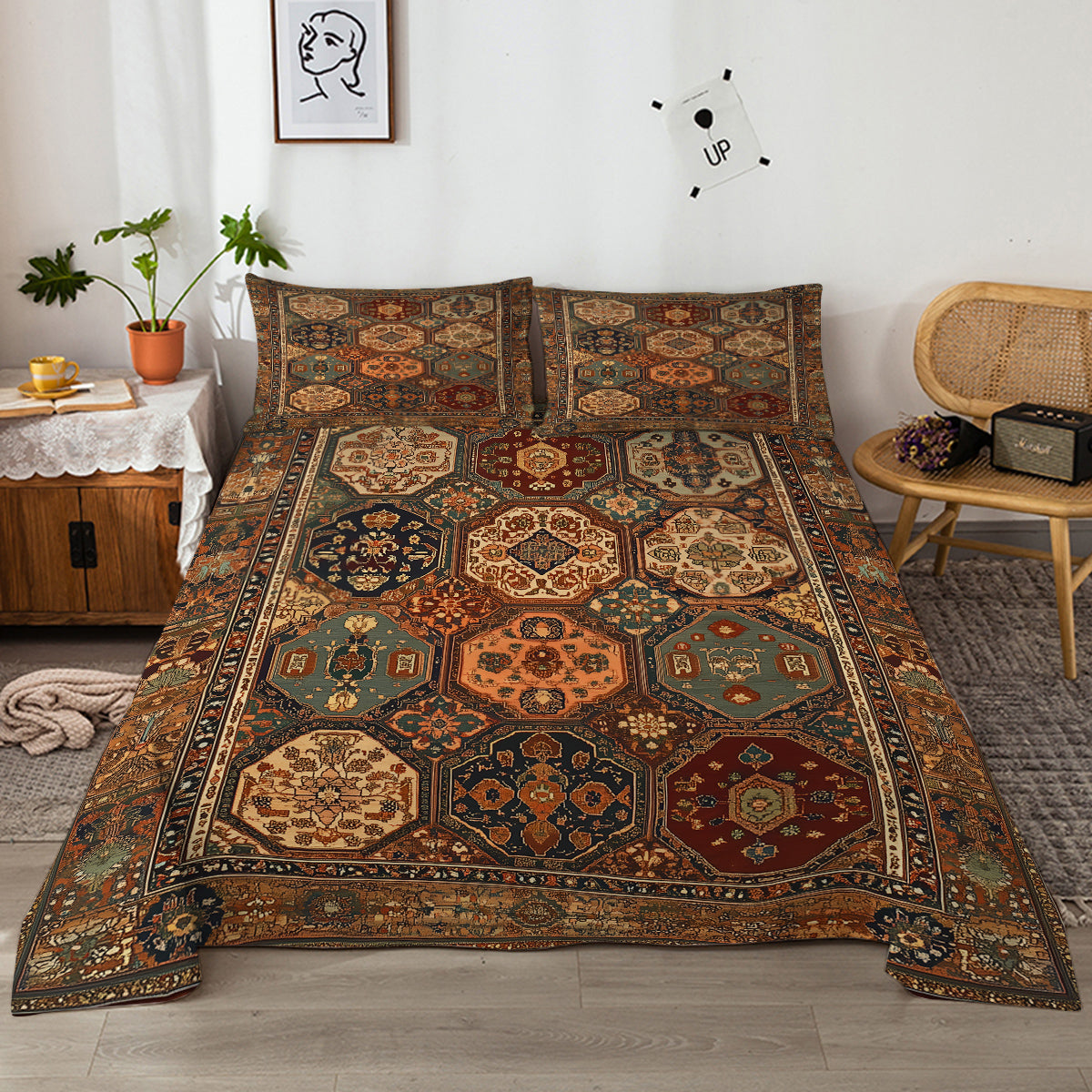4-Piece Bohemian Geometric Bedding Set - Fitted Sheet & Pillowcases