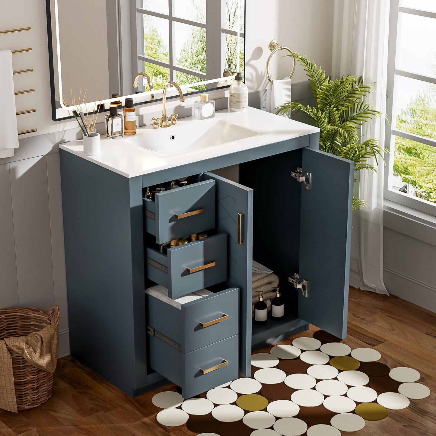 36-Inch Blue Bathroom Vanity with Ceramic Sink & Storage Cabinet