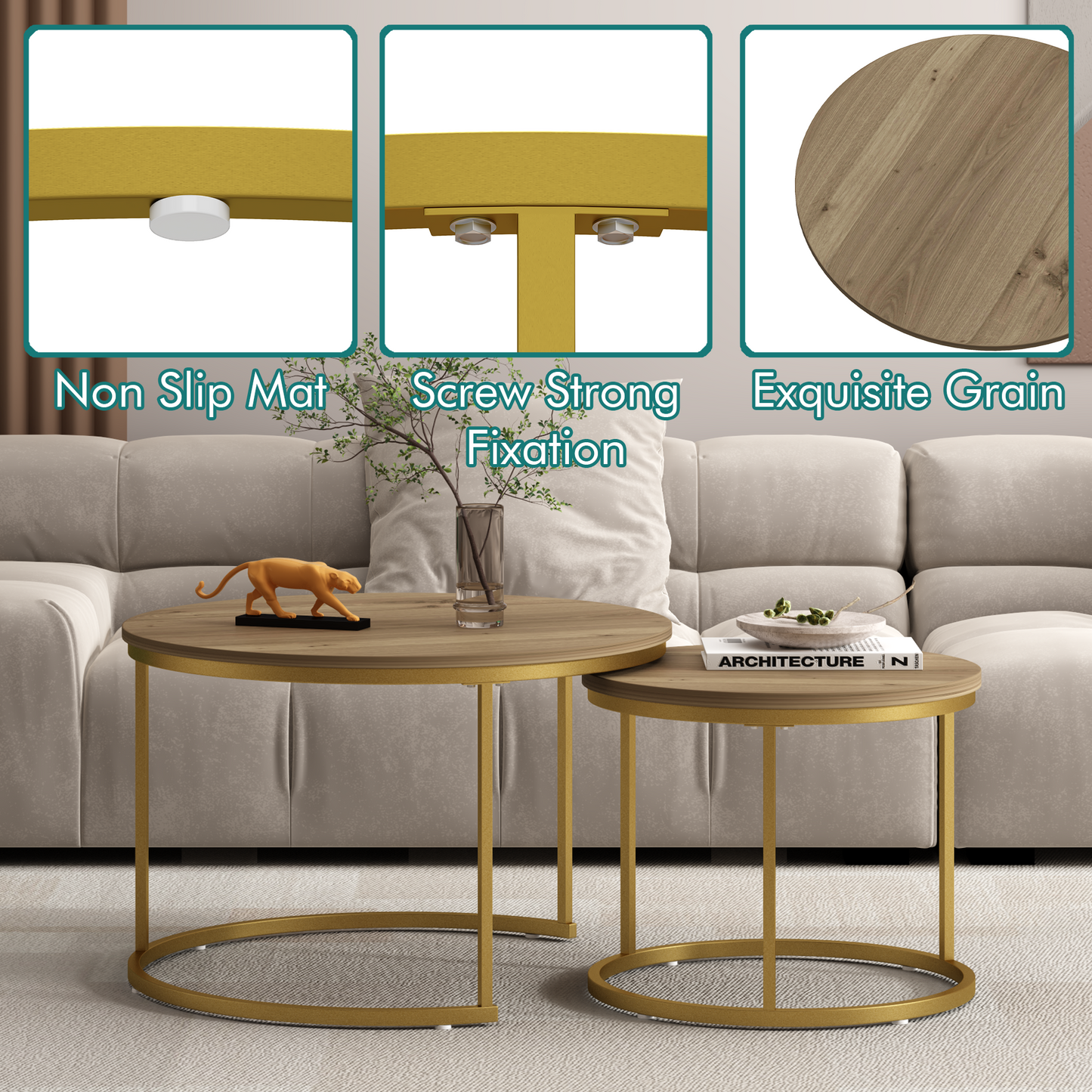 Nesting Coffee Table Set of 2 - Round Wood & Metal - Brown+Gold