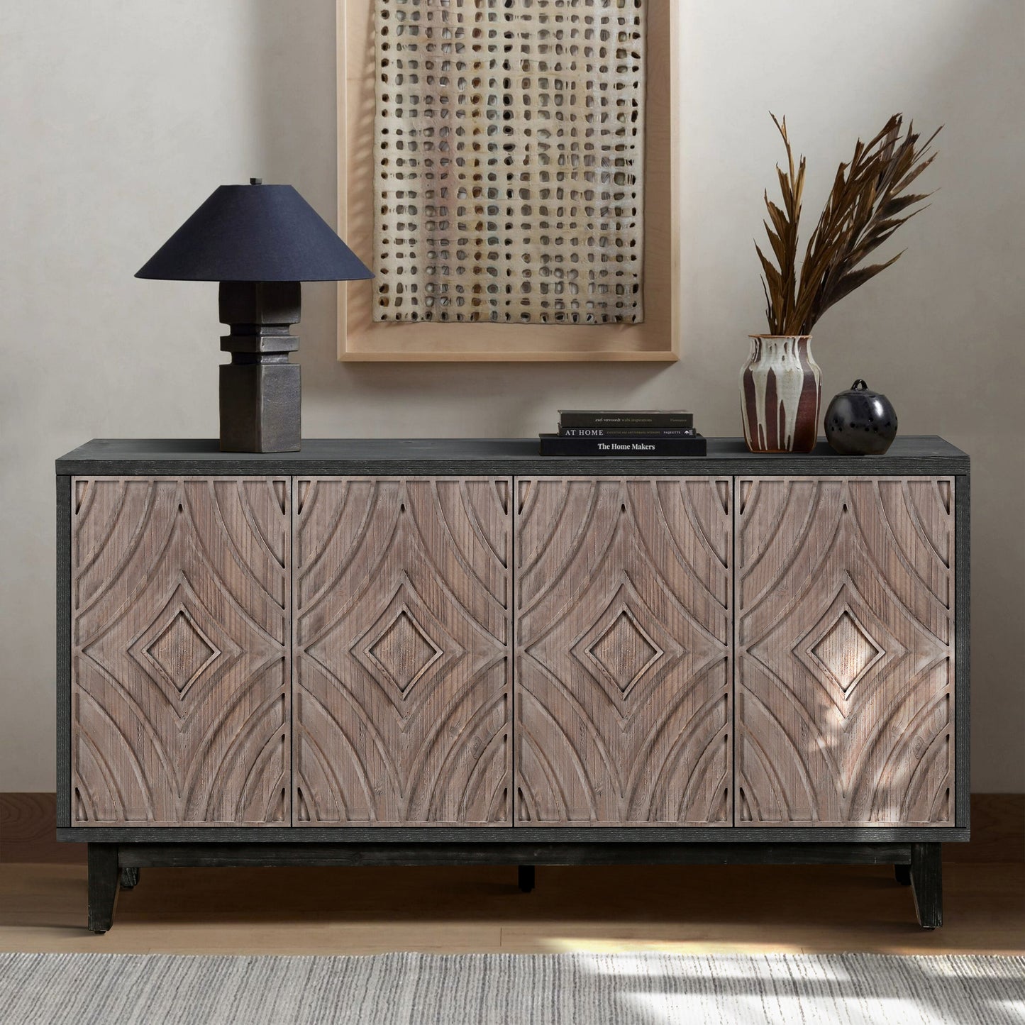 Mid Century Sideboard Buffet Cabinet with Solid Wood Legs - Antique Brown