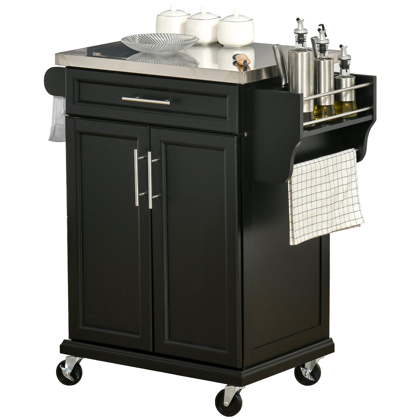 Rolling Kitchen Island Cart with Stainless Steel Top & Storage - Black