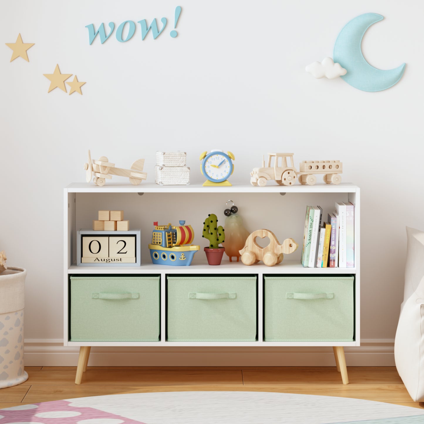 Kids Bookcase with Collapsible Fabric Drawers - White & Green