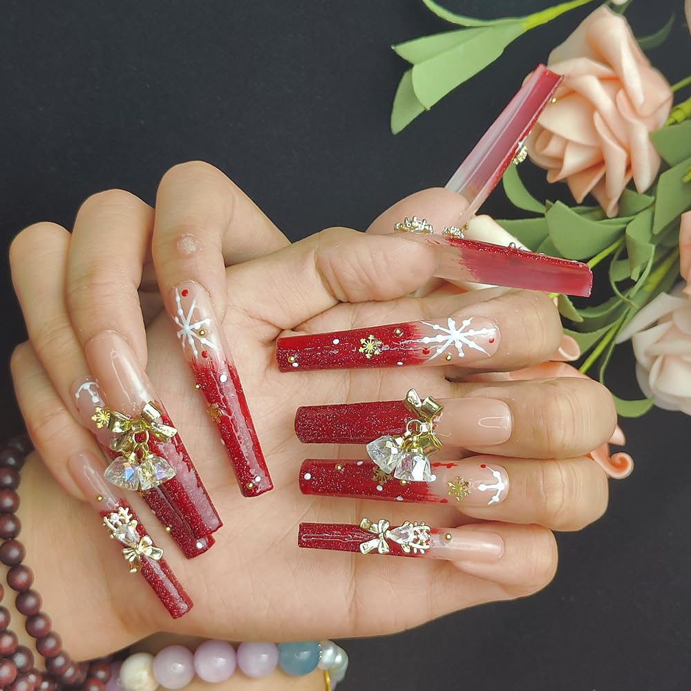 Handmade Press-On Nails - Red Snowflake Rhinestone Bell Design Set