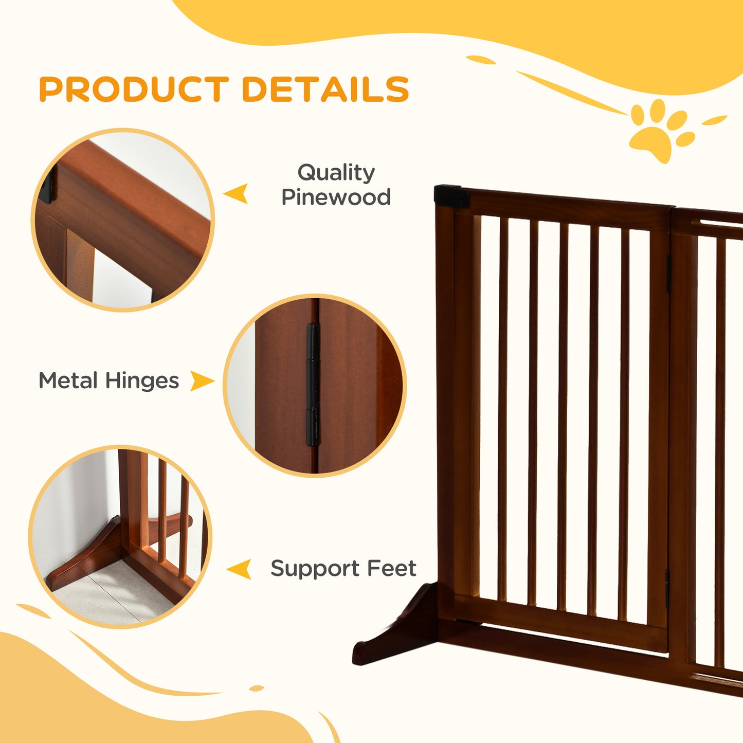 Adjustable Wooden Pet Gate with Lockable Door - 3 Panels, Brown