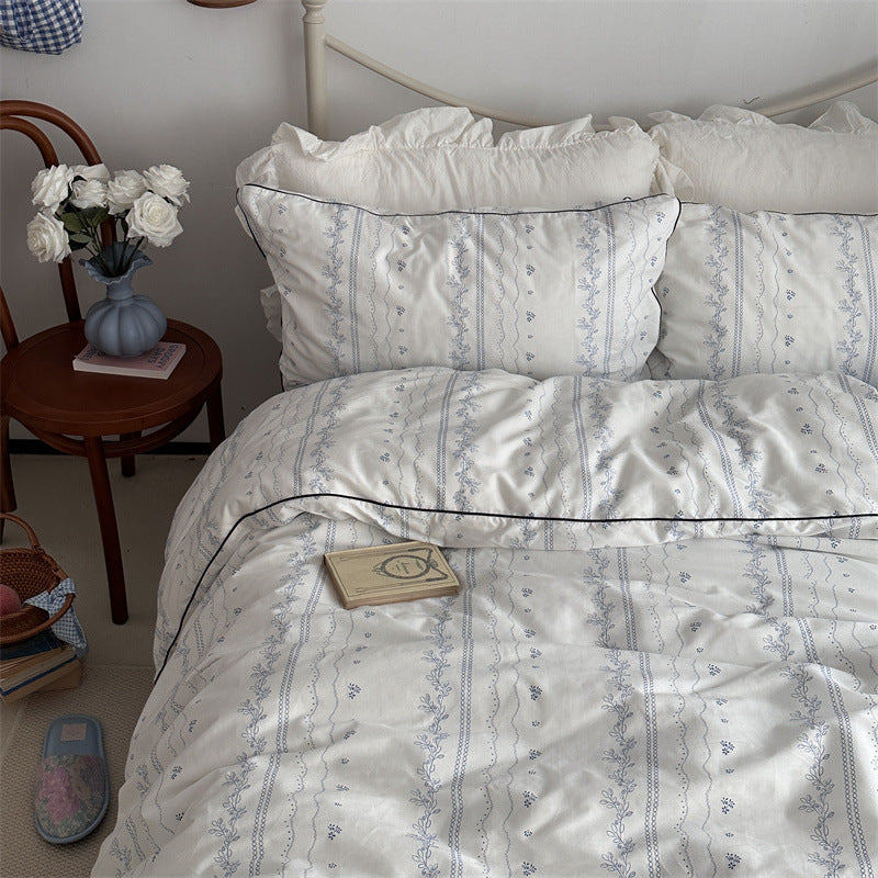 Embedded Rope Style Cotton Duvet Cover - Botanical Floral Pattern, Multiple Sizes