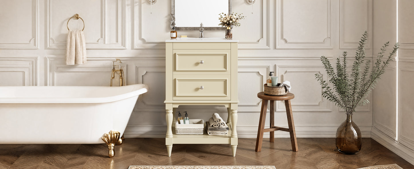 20'' Beige Bathroom Vanity with Ceramic Sink & 2 Drawers