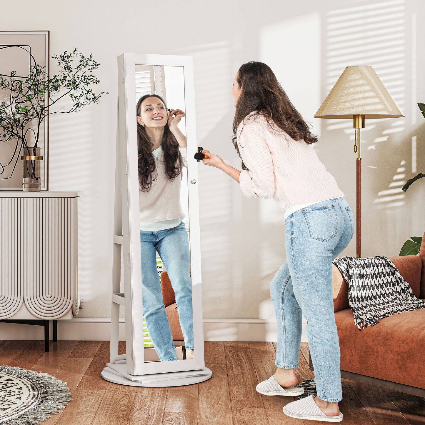 360° Swivel Jewelry Armoire with Full-Length Mirror - White