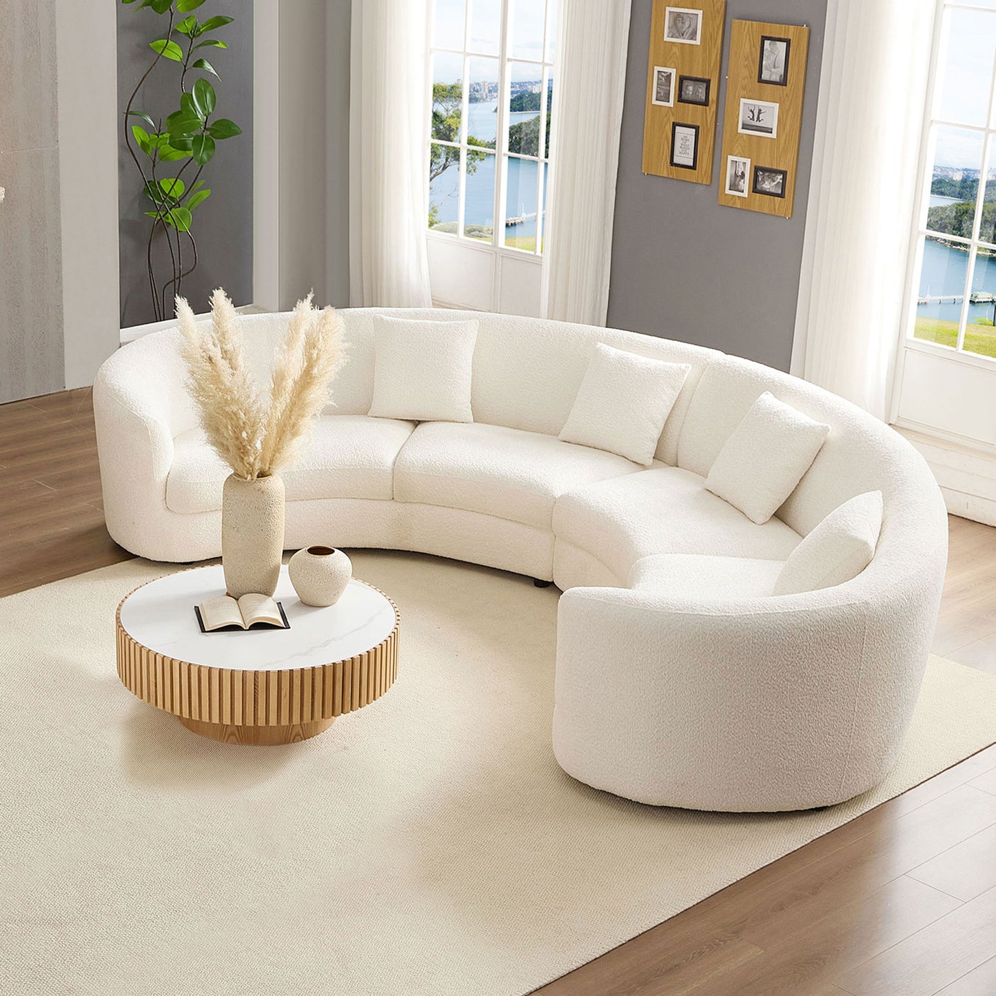 Mid-Century Modern White Curved Sofa with 4 Pillows