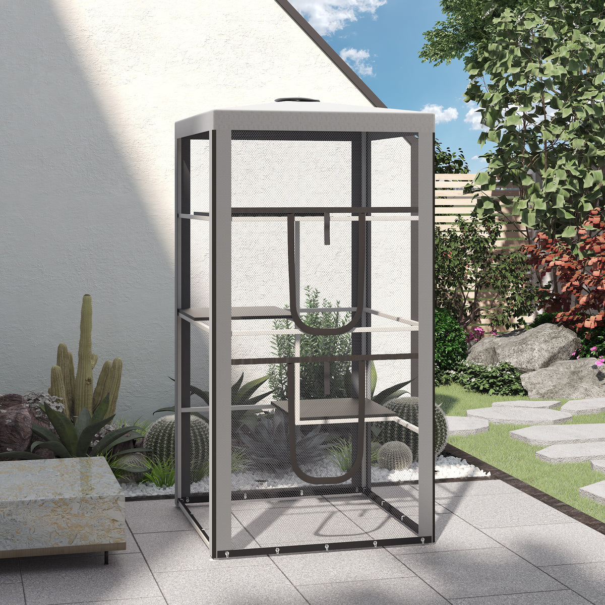 79-Inch Cat House Kit with Mesh Enclosure, Steel Frame, 3 Platforms & 2 Doors