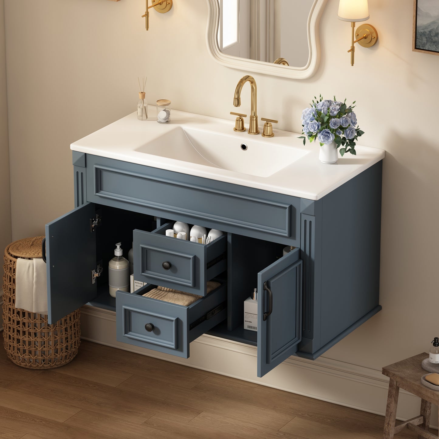36-Inch Wall Mounted Bathroom Vanity with Ceramic Sink - Blue