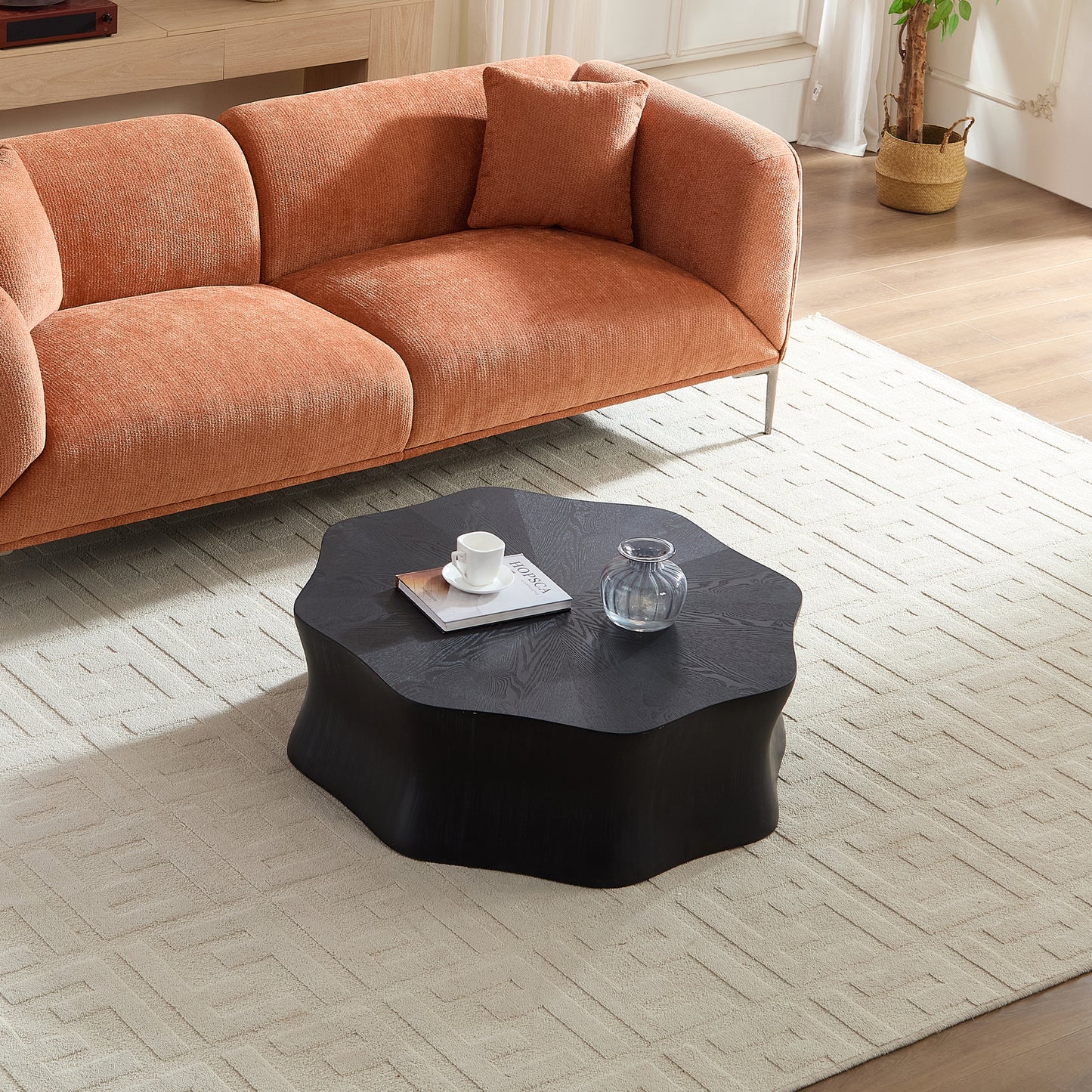 Black Petal Coffee Table, With Fiberglass Surface Covered Birch Wood
