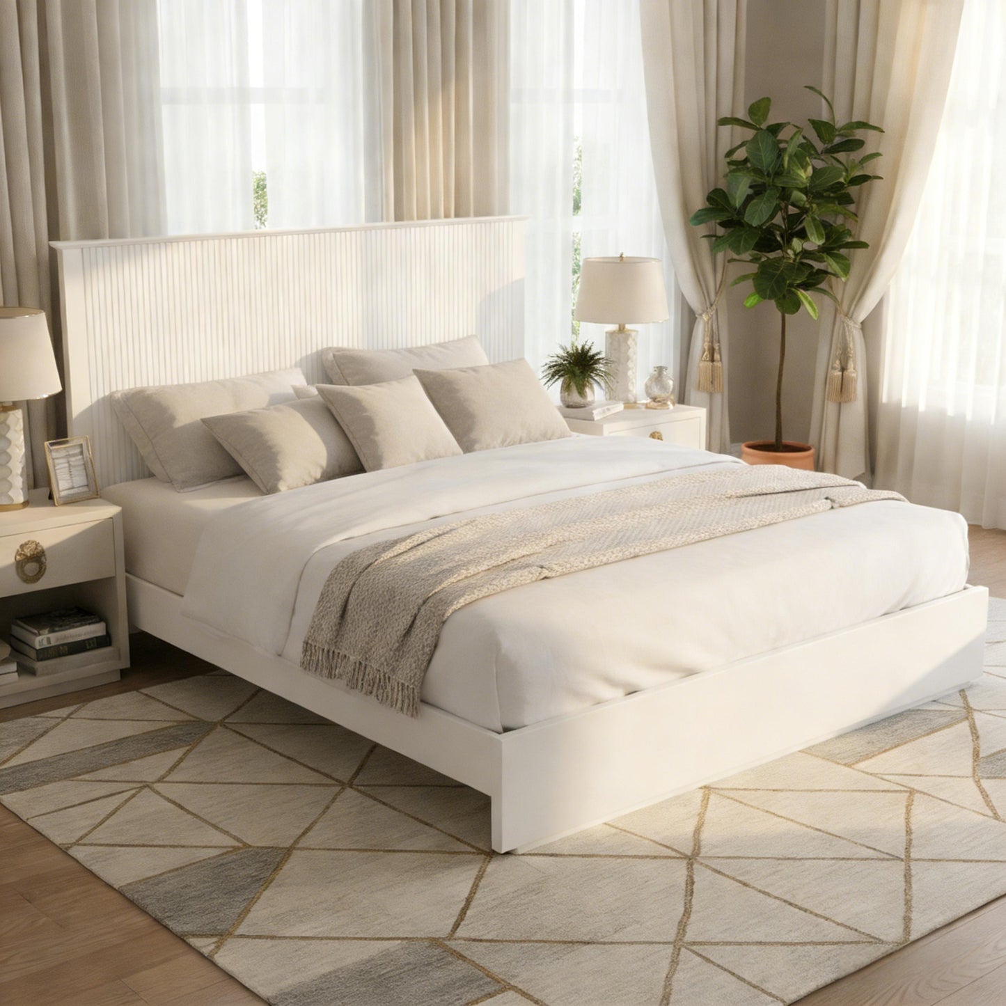 Stylish King Size Bed Frame - White Solid Wood Bed, 600lbs Weight