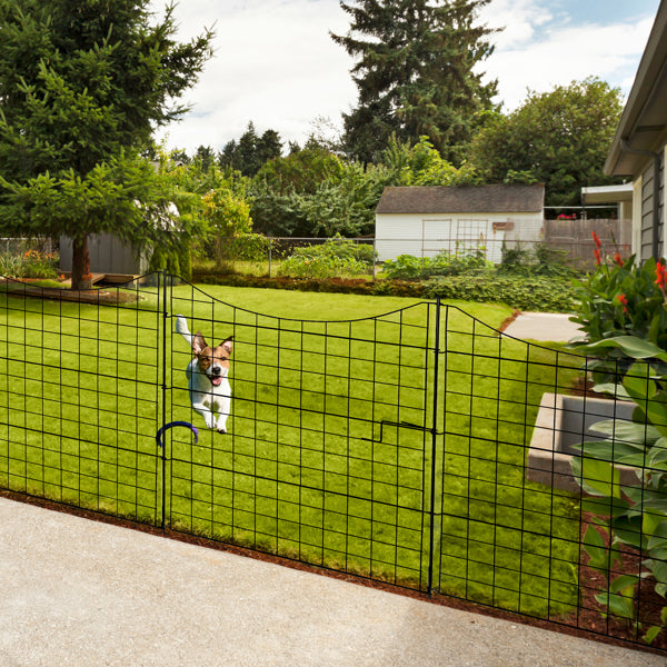 Black Metal Garden Fence Panel with Gate - 36x39 Inches, Rounded Top, Easy Assembly
