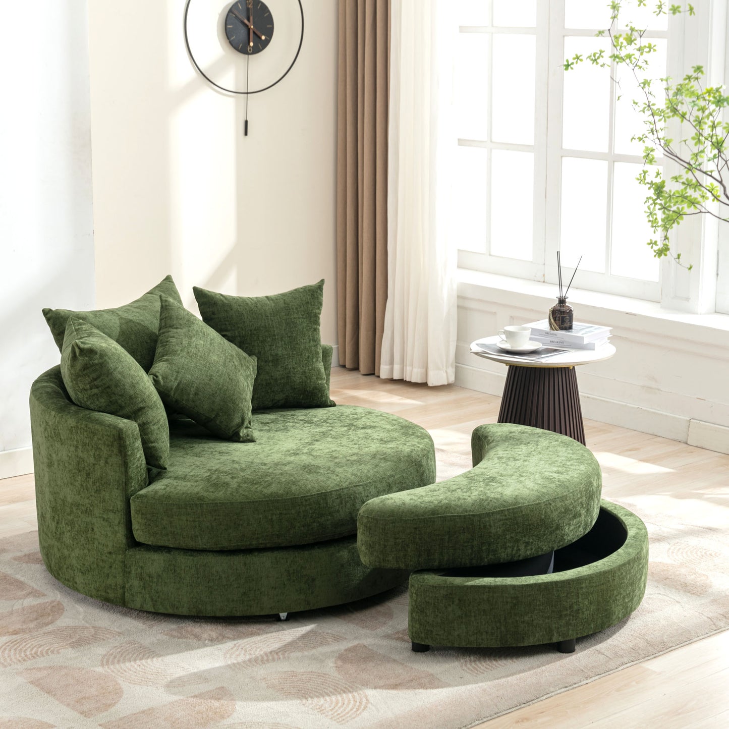 360° Swivel Accent Barrel Chair with Storage Ottoman & 4 Pillows - Green