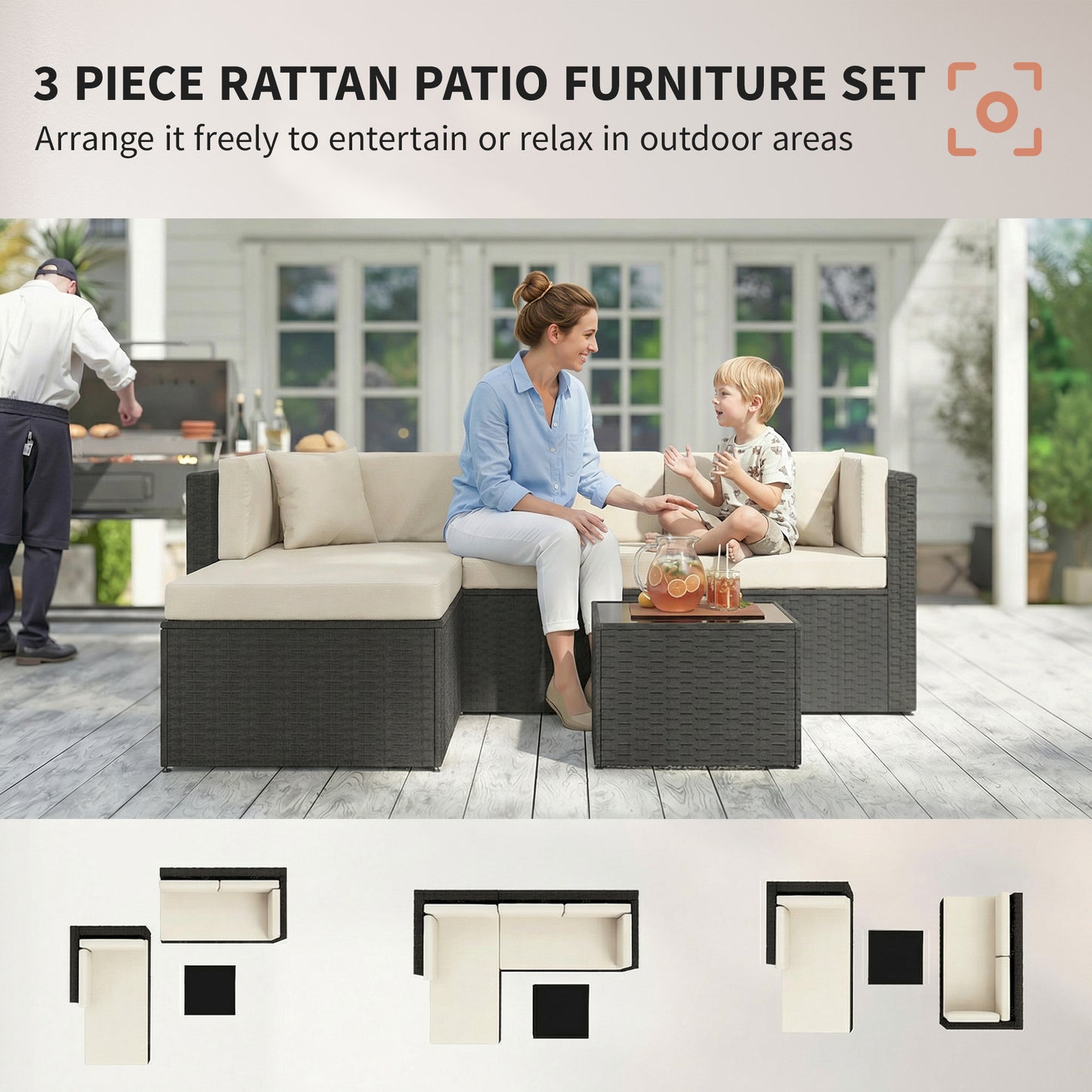 3-Piece Wicker Patio Furniture Set with Cushions & Glass Table - Beige