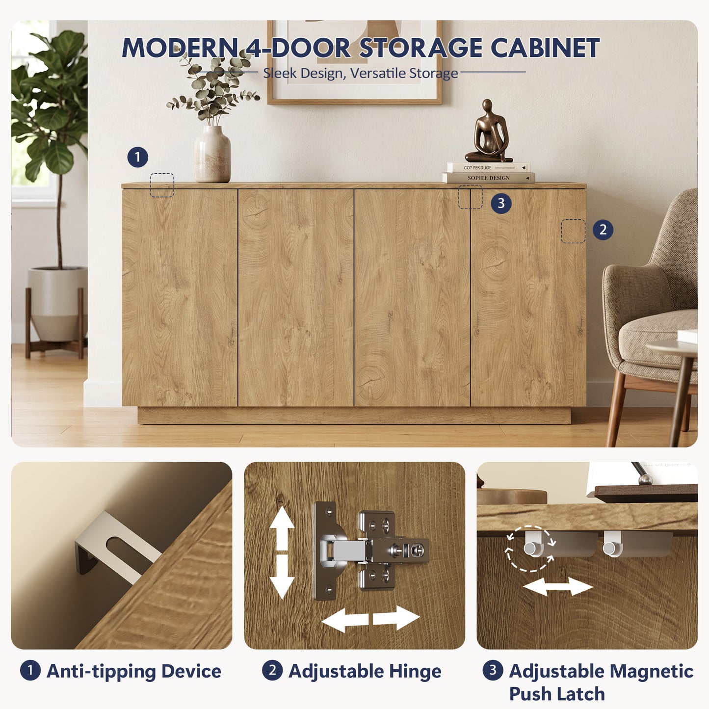 Natural Wood Sideboard Buffet Cabinet with 4 Doors & Adjustable Shelves