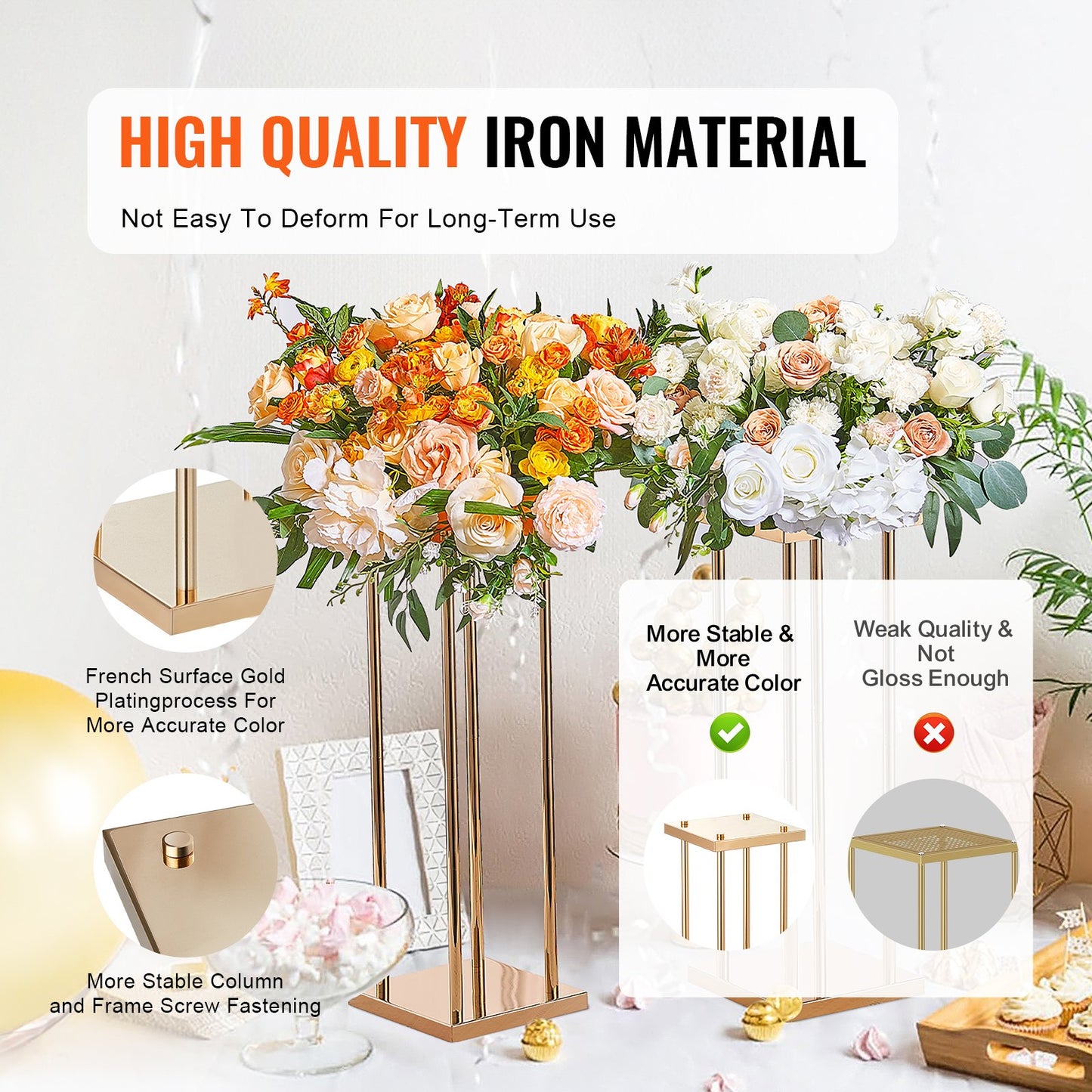 Set of 4 Gold Metal Wedding Flower Stands - 23.6 Inch Tall Cylindrical Floral Display Racks