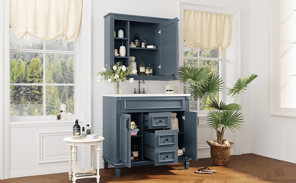 36'' Modern Bathroom Vanity with Blue Sink & Mirror Cabinet