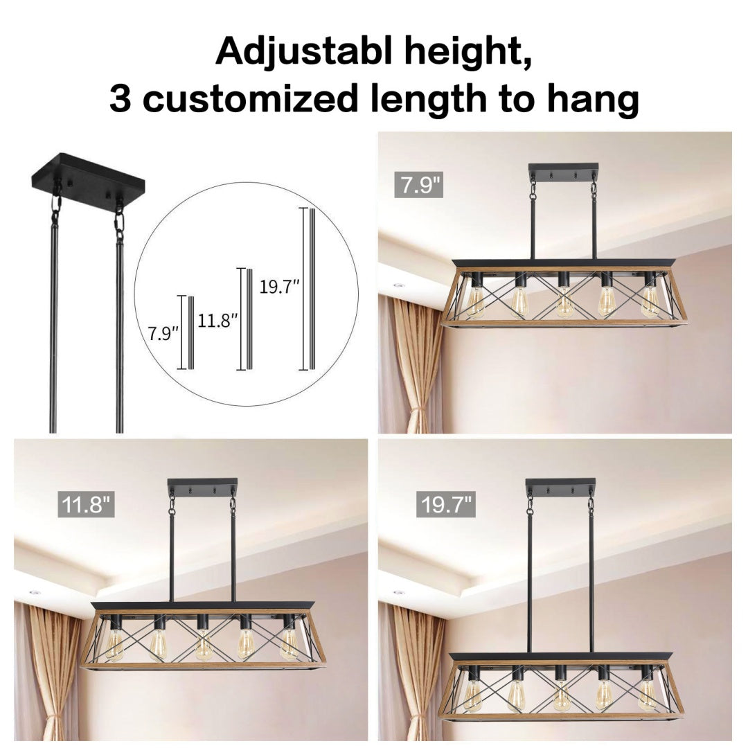 32-Inch Walnut Industrial 5-Light Pendant Chandelier - Adjustable
