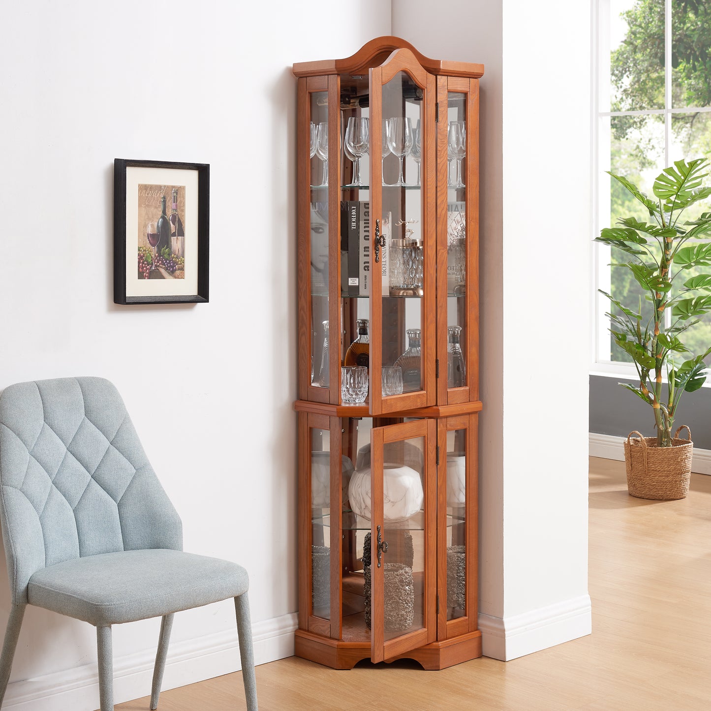 Curio Cabinet Lighted Glass Display W Tempered Doors And Shelves,