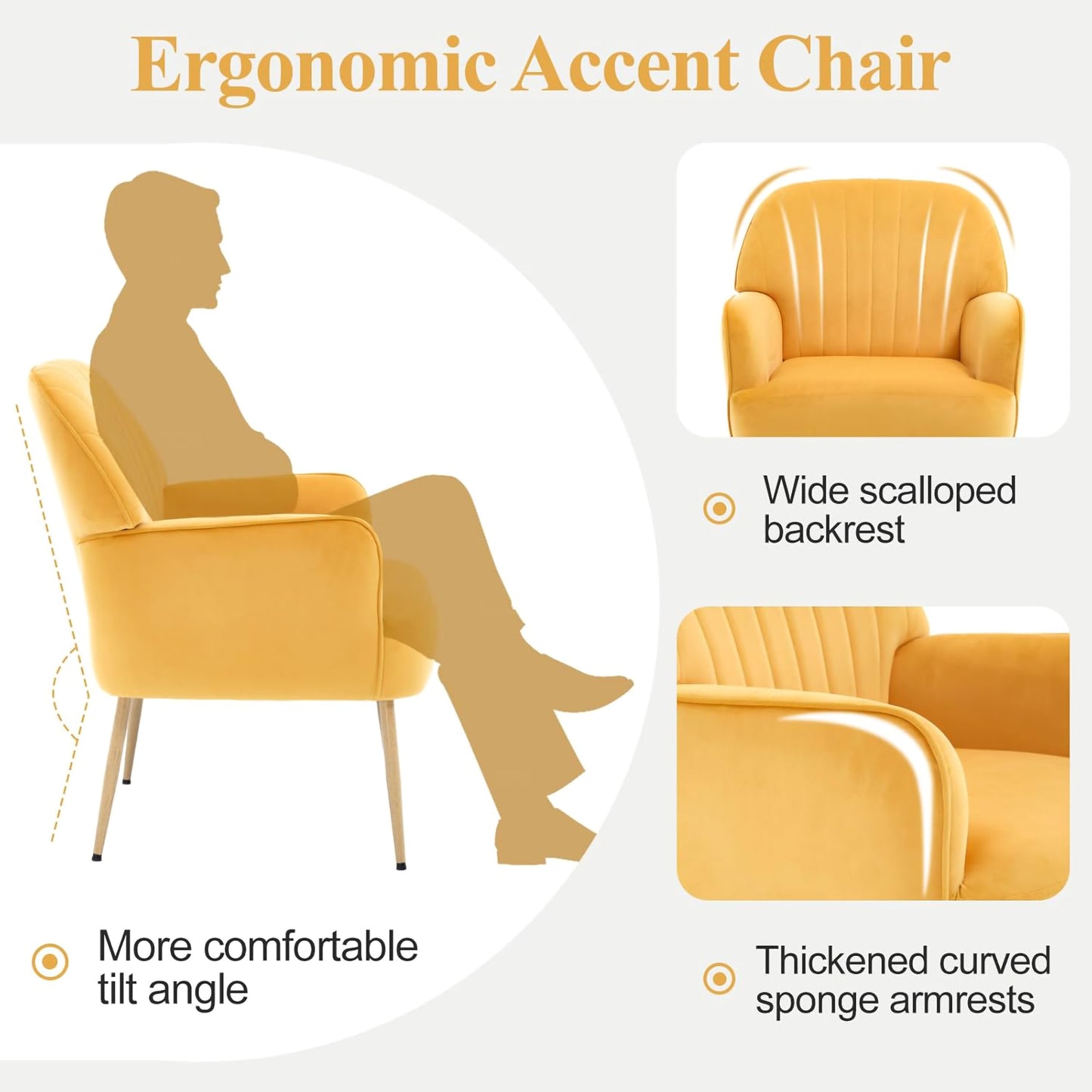 Yellow Velvet Accent Chair - Modern Upholstered Barrel Armchair