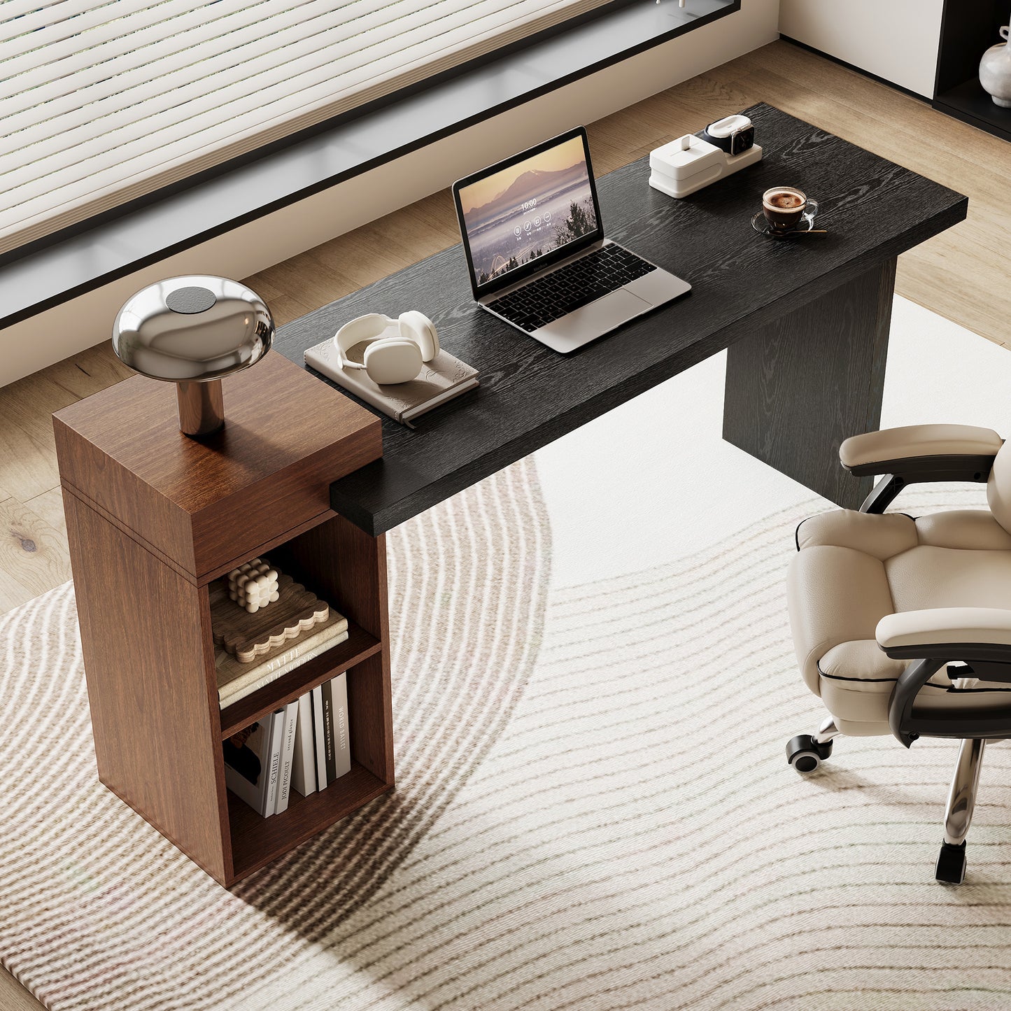 Modern Two-Tone Sofa Side Table - Black & Walnut MDF with 2-Tier Storage