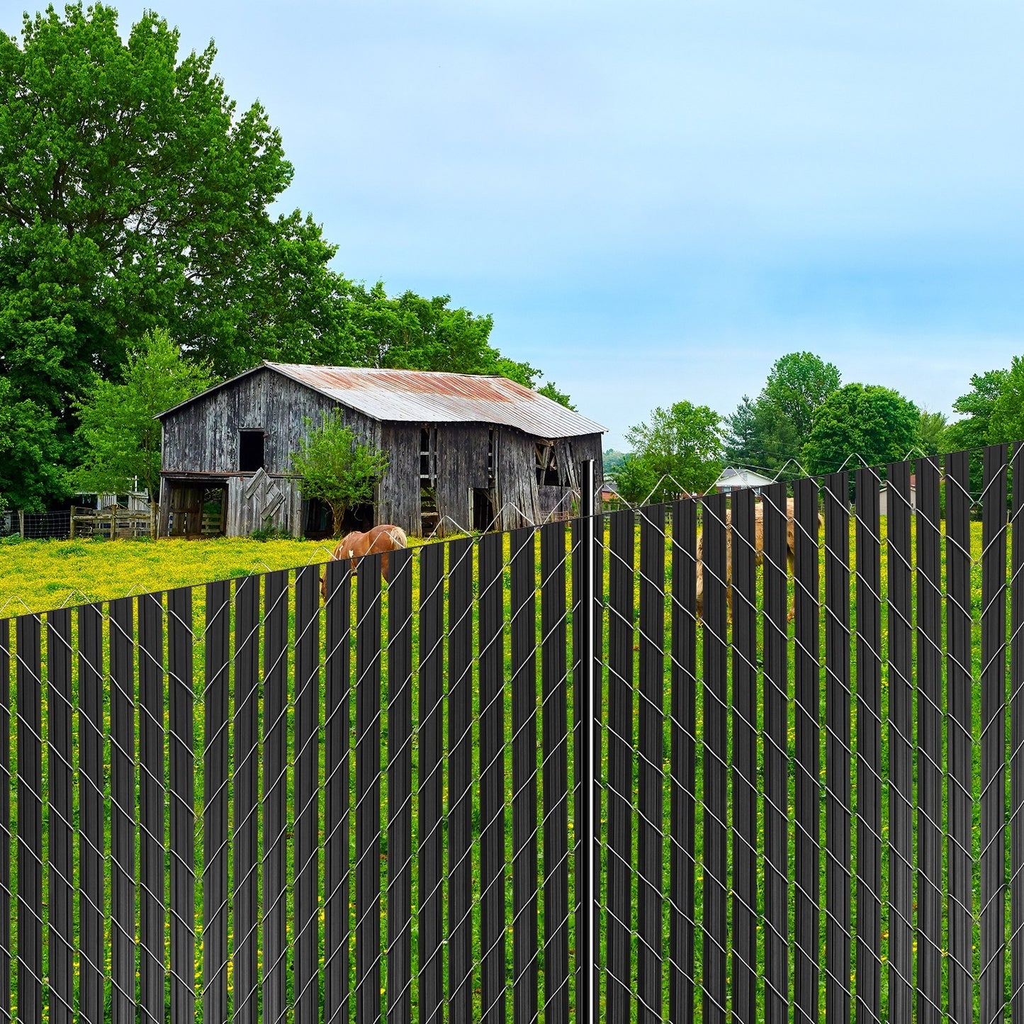 Black Chain Link Fence Privacy Slats for 8ft High Fence - Double-Wall with Wings