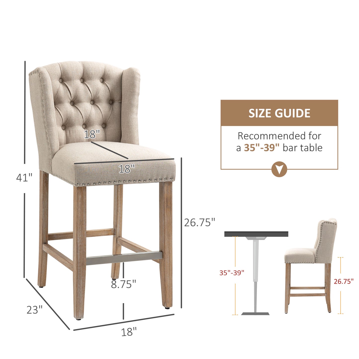 Counter Height Bar Stools Set of 2 - Beige Linen Fabric