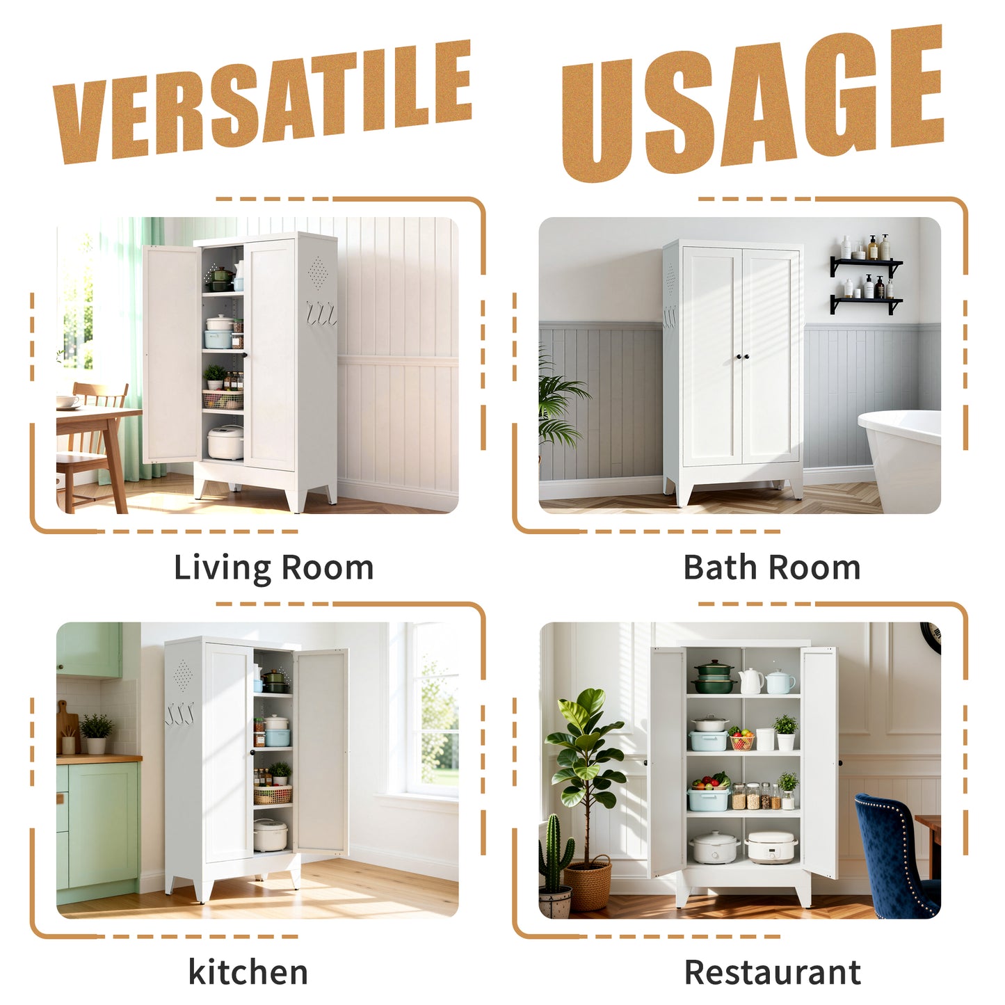 47.3" White Metal Kitchen Pantry Cabinet - Adjustable Storage with 3 Shelves