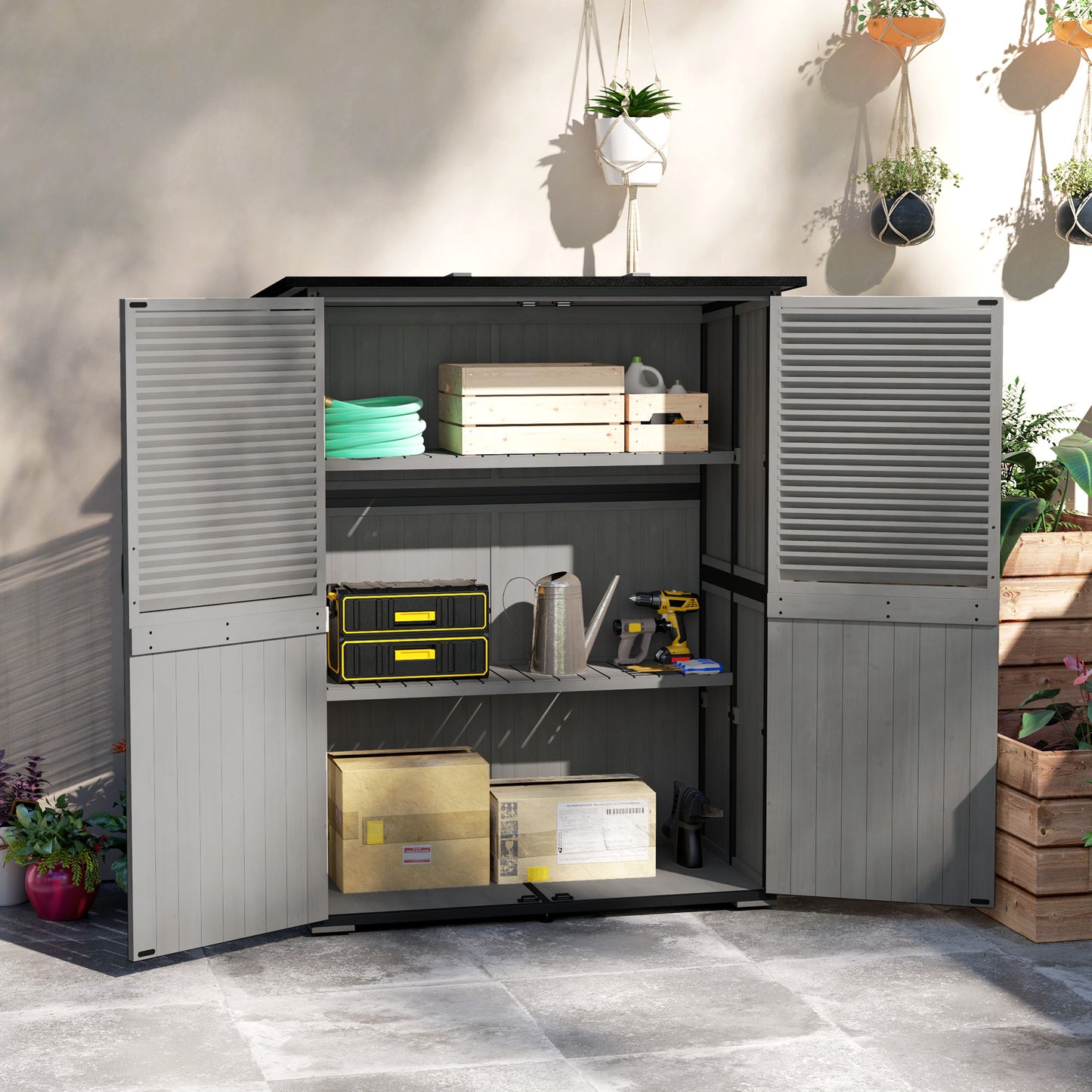 Wood Storage Shed, Outdoor Garden Shed With Asphalt Roof, 2 Shelves,