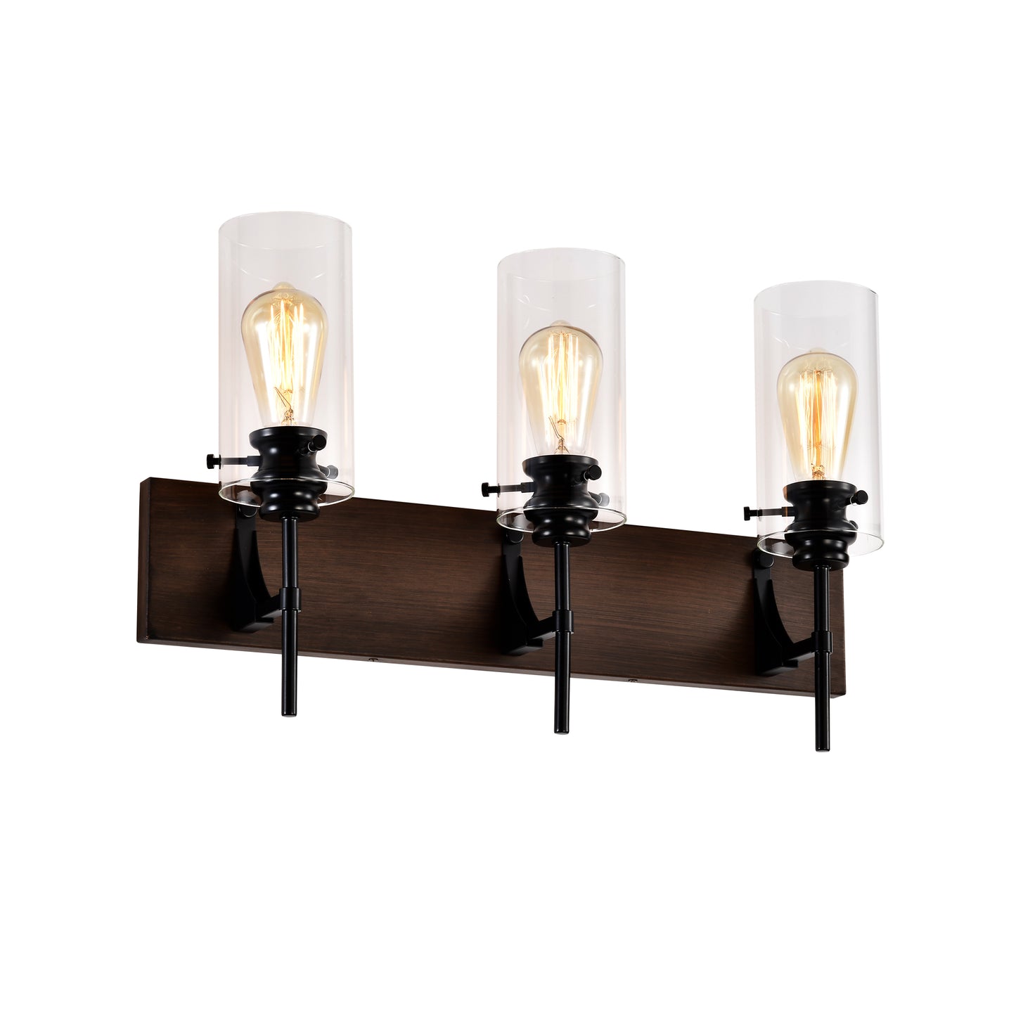 3-Light Matte Black Wood Bathroom Vanity Light with Glass Shades