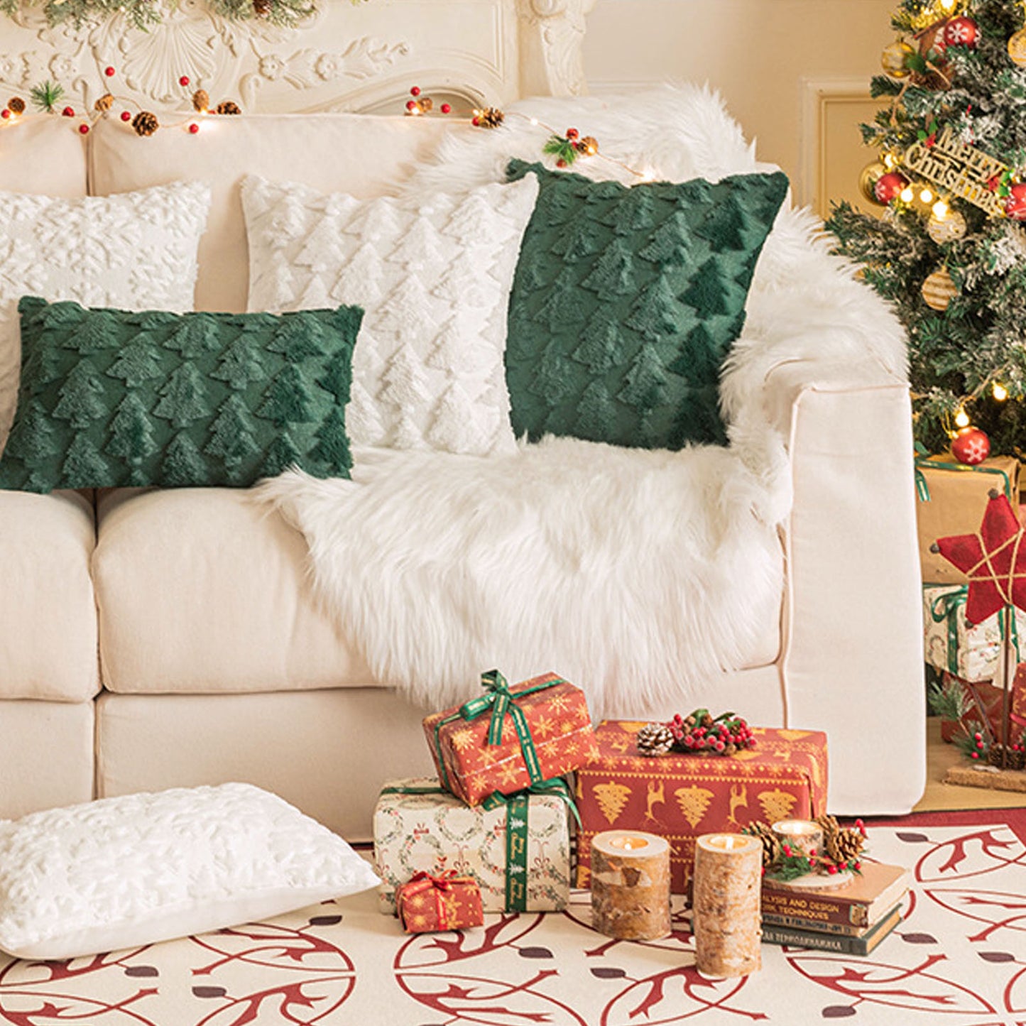 2pcs Xmas Tree Throw Pillow Covers Dark Green Decorative Soft