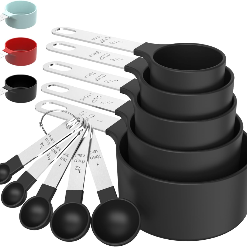 Black Stackable Measuring Cups & Spoons Set with Stainless Steel Handles