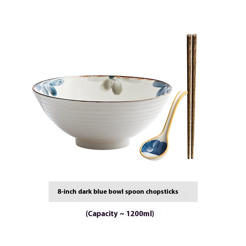 Japanese Style Rain-Hat Shaped Ceramic Ramen Bowl Set - Underglaze Blue