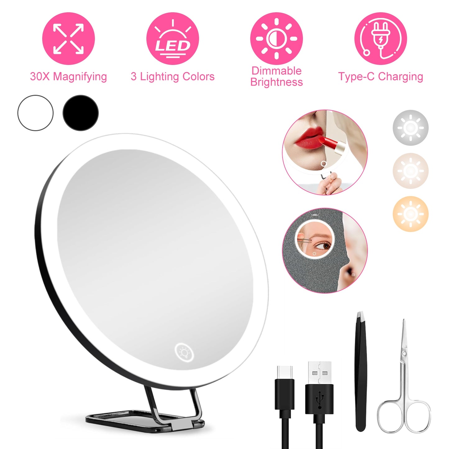 30X Magnifying Makeup Mirror with LED Light, Dimmable & 360° Adjustable Stand