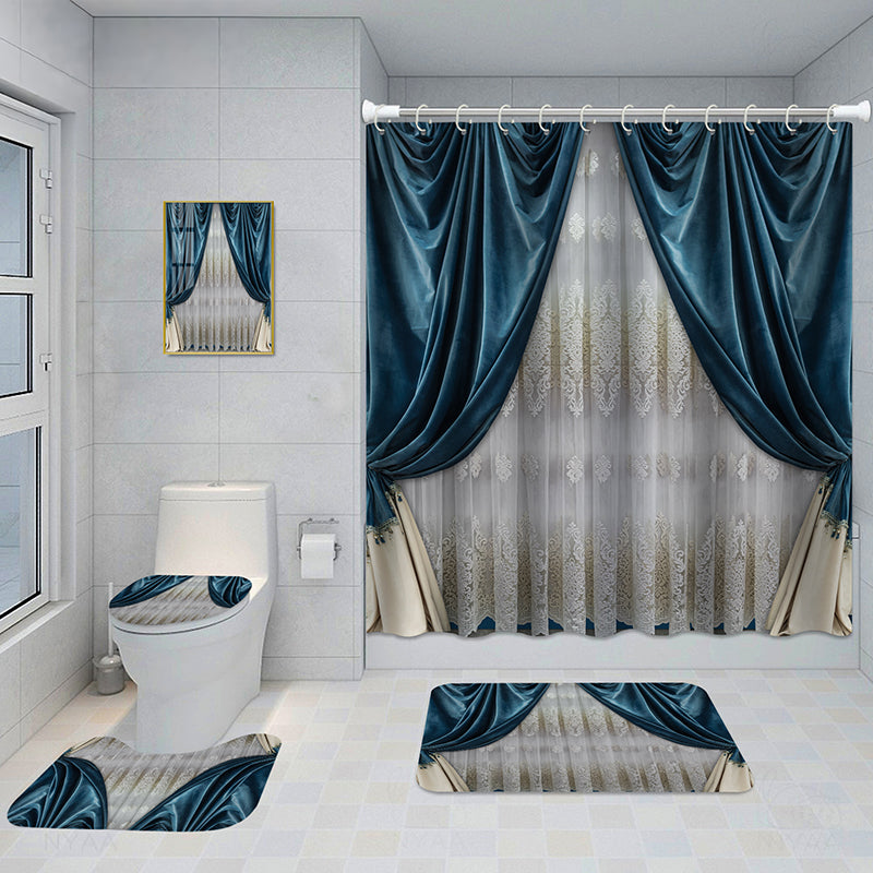 Bathroom 5-Piece Shower Curtain Set with Mat and Decorative Aluminum Frame