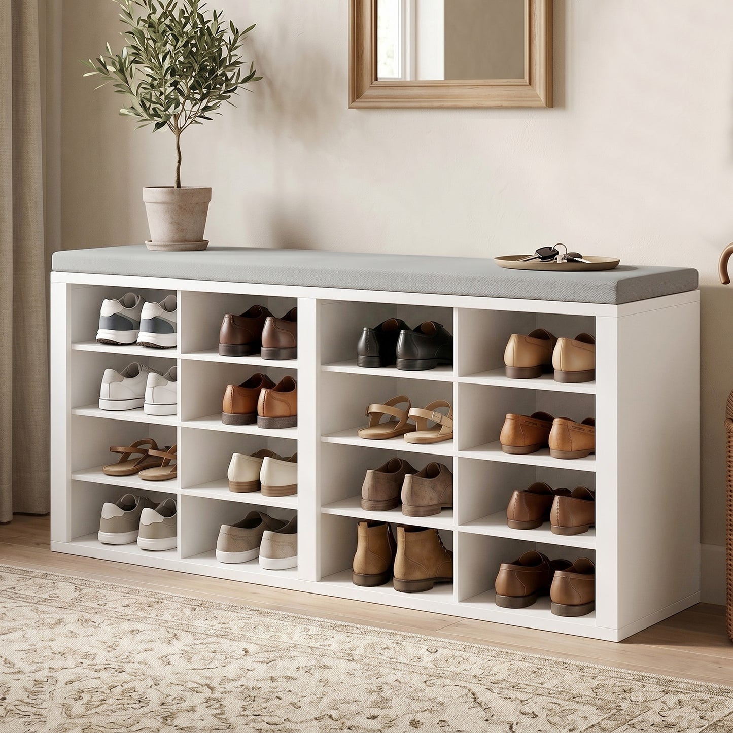 Shoe Storage Bench With Cushion 16 Cubby Rack Multifunctional