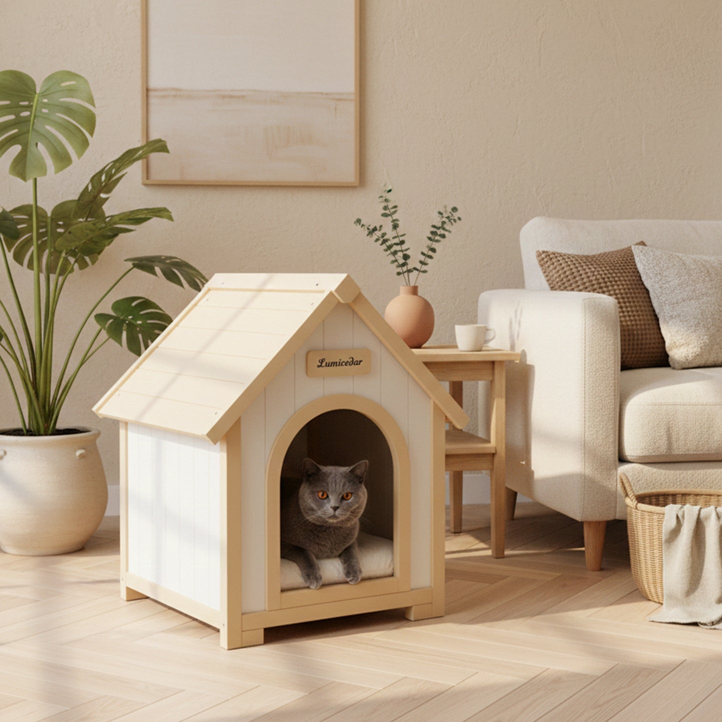 Indoor Wooden Dog House with EVA Cushion - Small Pet Shelter in Creamy White