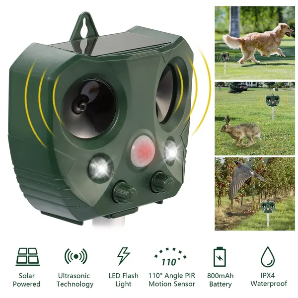 Solar Ultrasonic Animal Repeller with Motion Sensor & LED Flashing Lights - Green