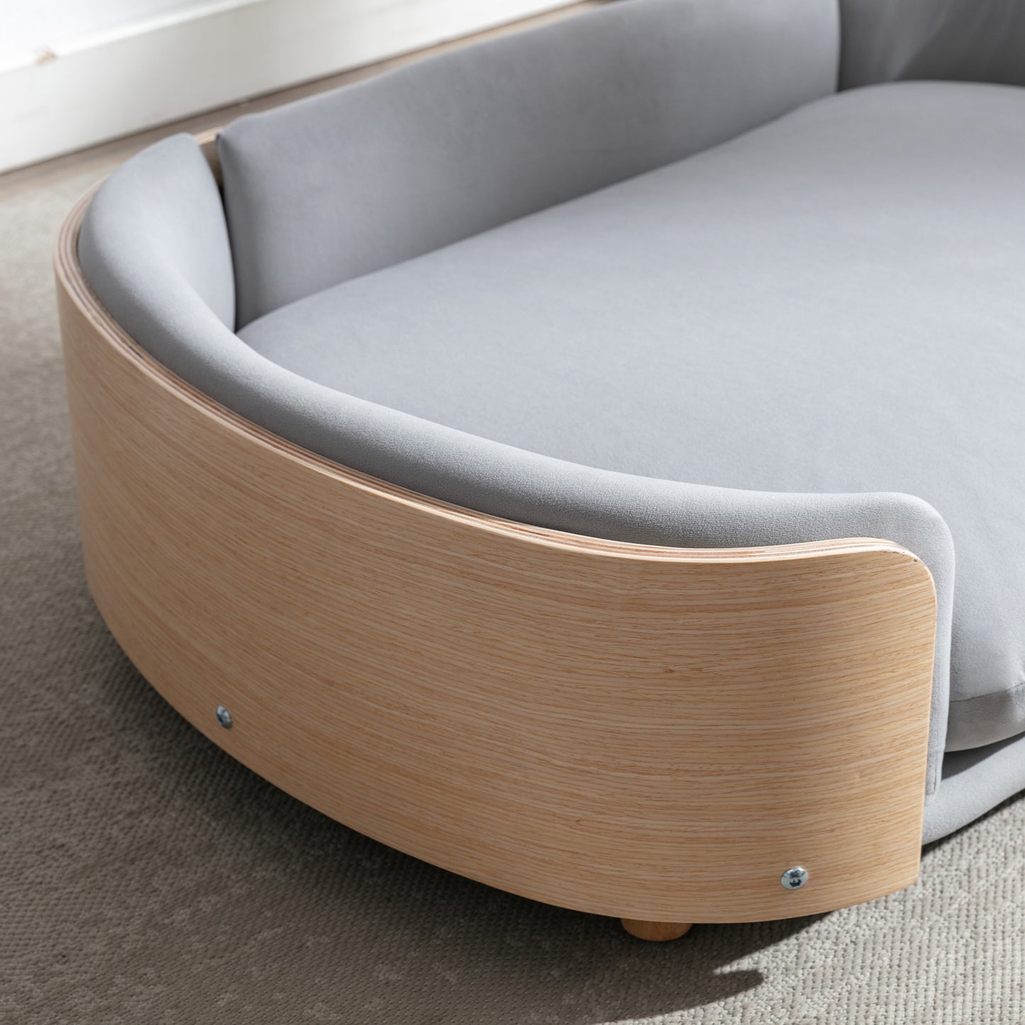 Large Scandinavian Style Elevated Dog Bed with Velvet Cushion and Solid Wood Legs