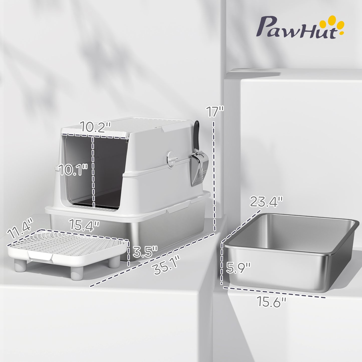Large Stainless Steel Cat Litter Box with Flip Cover & Scoop - Extra Large Enclosure