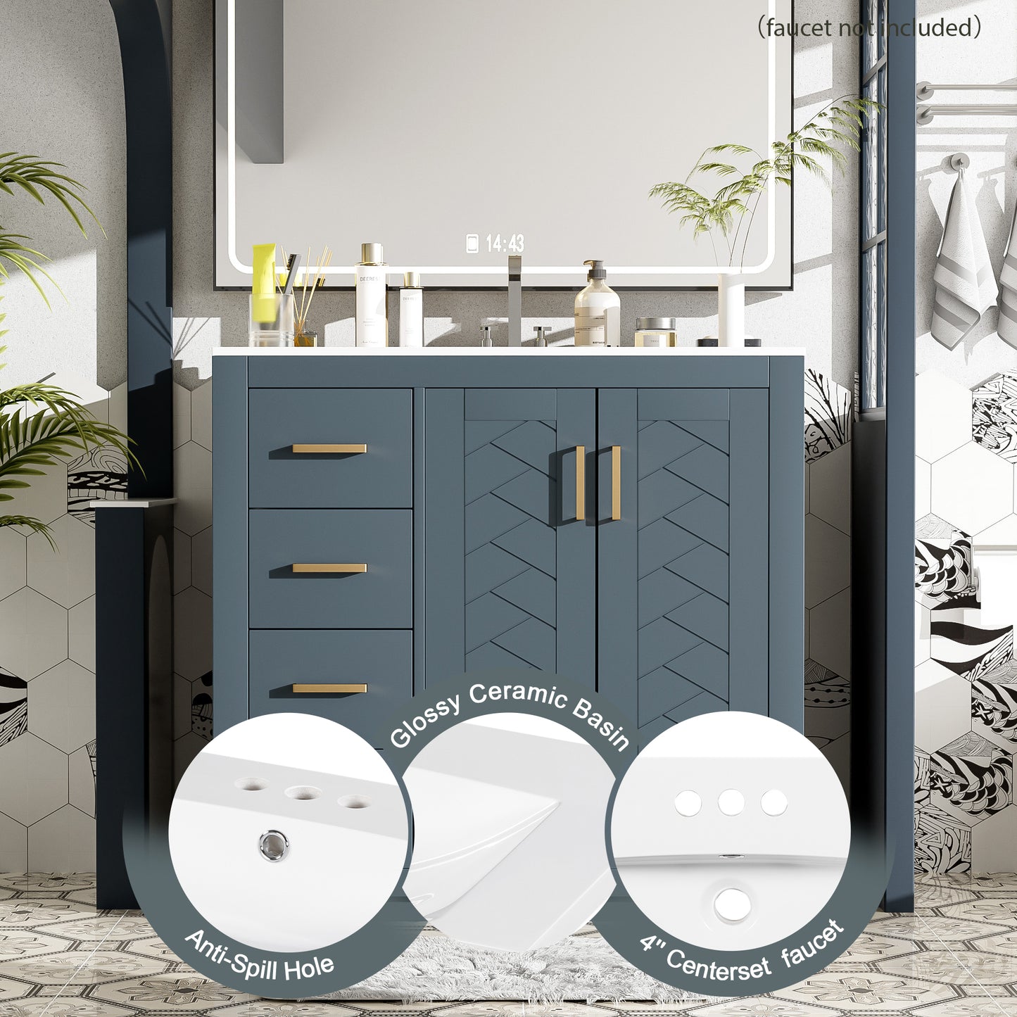 36-Inch Blue Bathroom Vanity with Ceramic Sink & Storage Cabinet