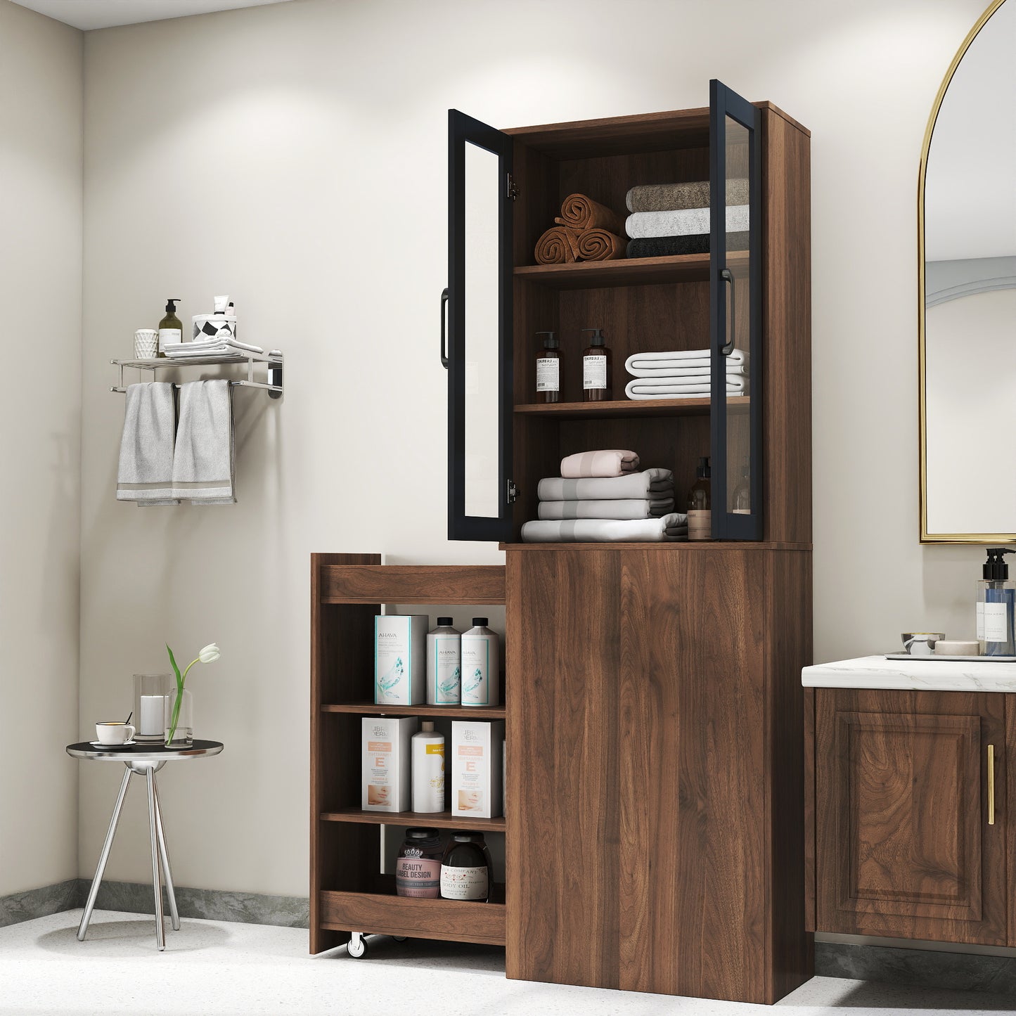 70.87" H Walnut Display Storage Cabinet - 4-Tier with Glass Doors