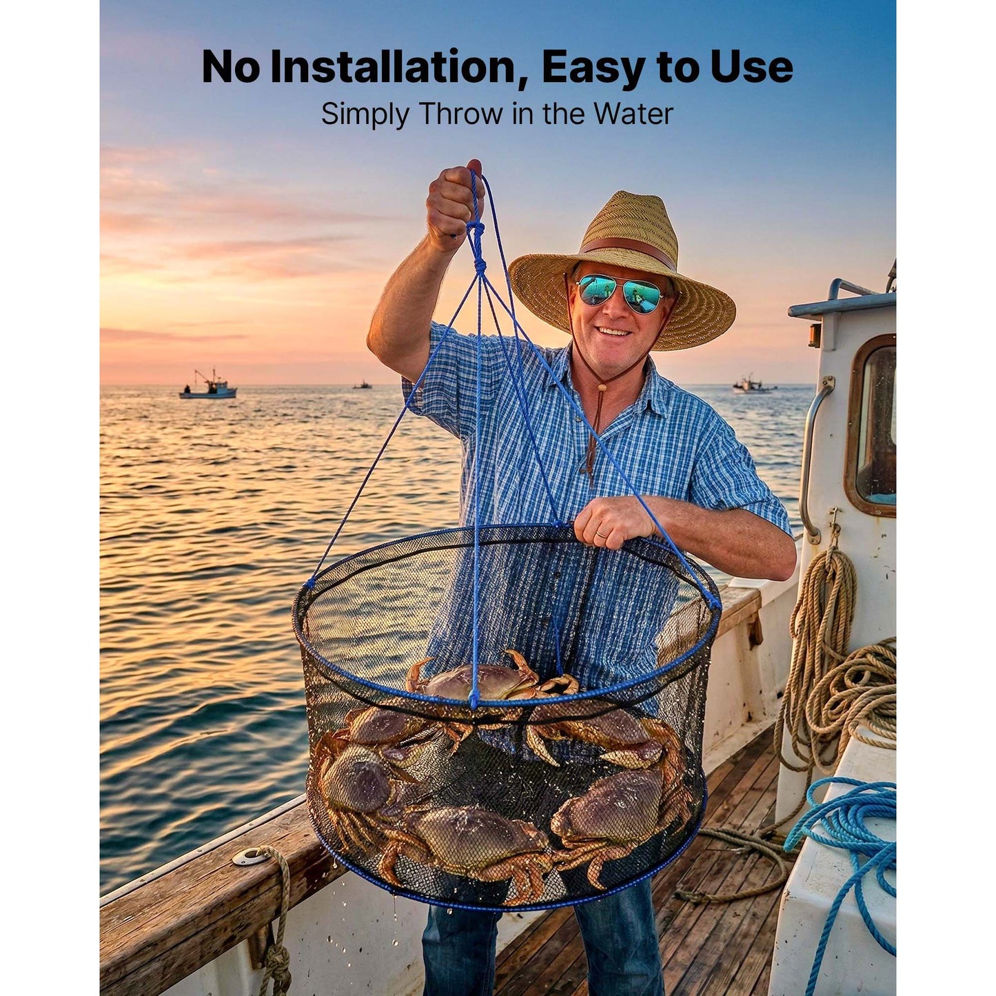 Foldable Fishing Net with Rope & Storage Bag - Portable Fish Landing Net for Minnows Shrimp Crawfish Crab