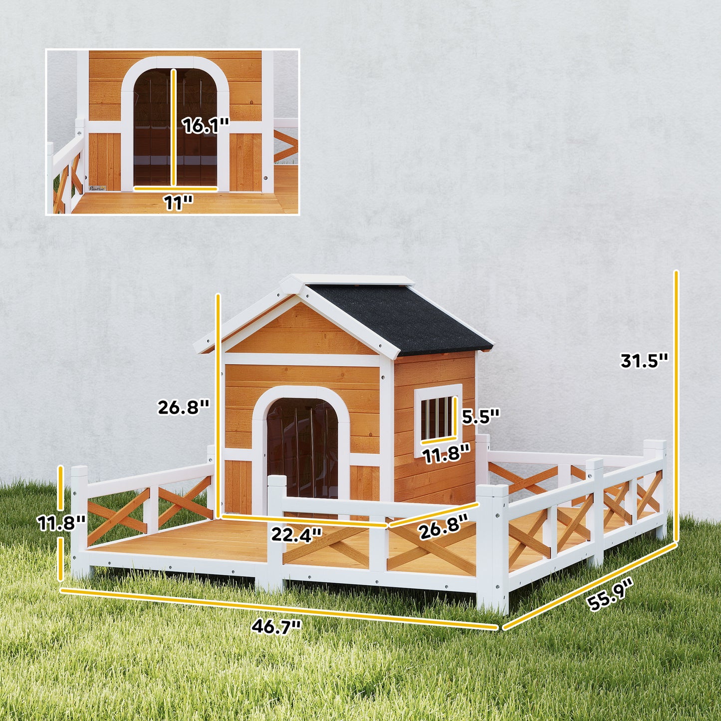Outdoor Wooden Dog House with Porch, Weatherproof Roof & Removable Floor